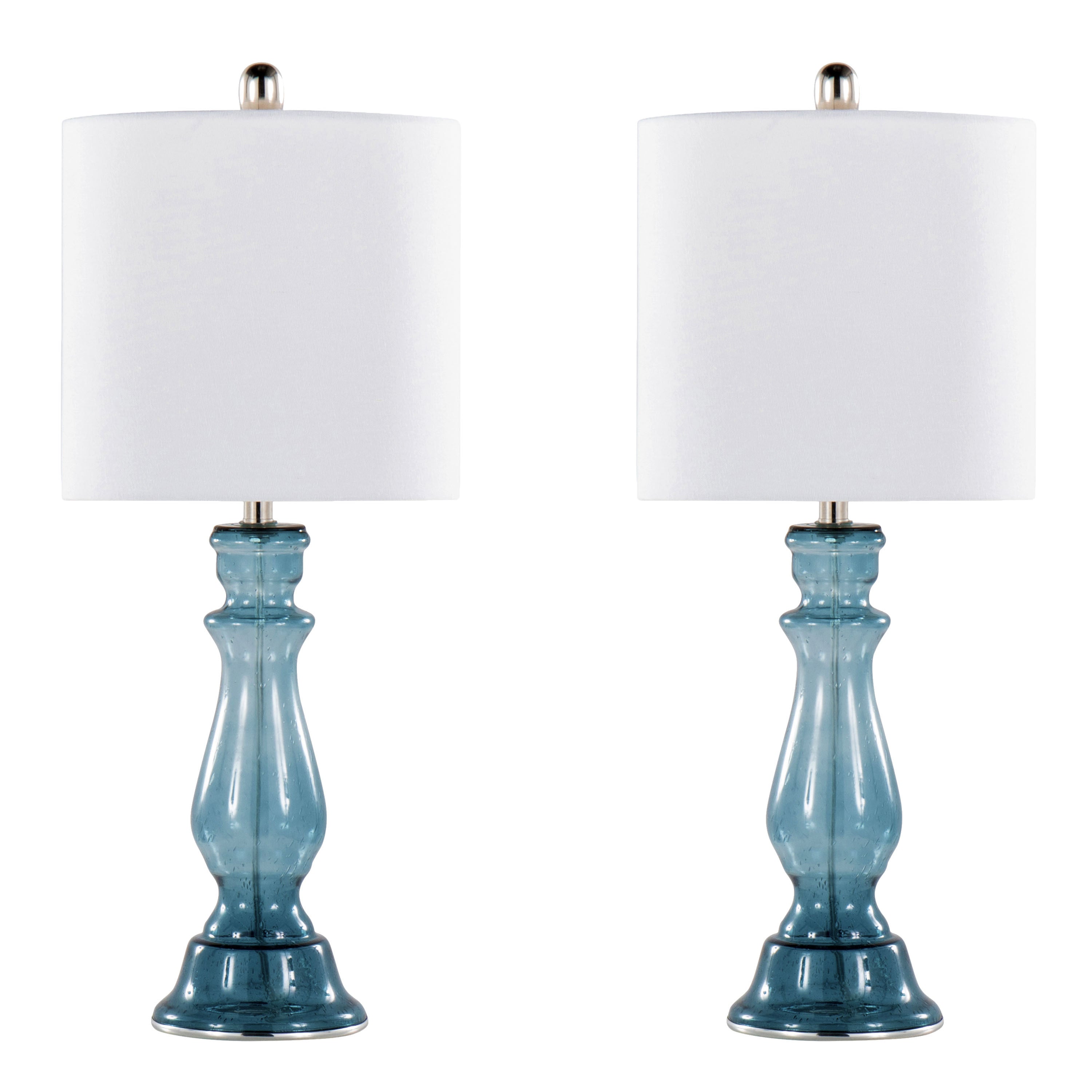 Bishop 25' Contemporary Glass Table Lamp in Clear Angel Blue Seeded Glass, Polished Nickel and White Linen Shade from Grandview Gallery by LumiSource - Set of 2