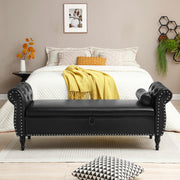 63' PU Upholstered End of Bed Bench Flip Top Entryway Ottoman with Safety Hinge Storage Rectangular Sofa Stool Buttons Tufted Nailhead Trimmed Solid Wood Legs with 1 Pillow,Black