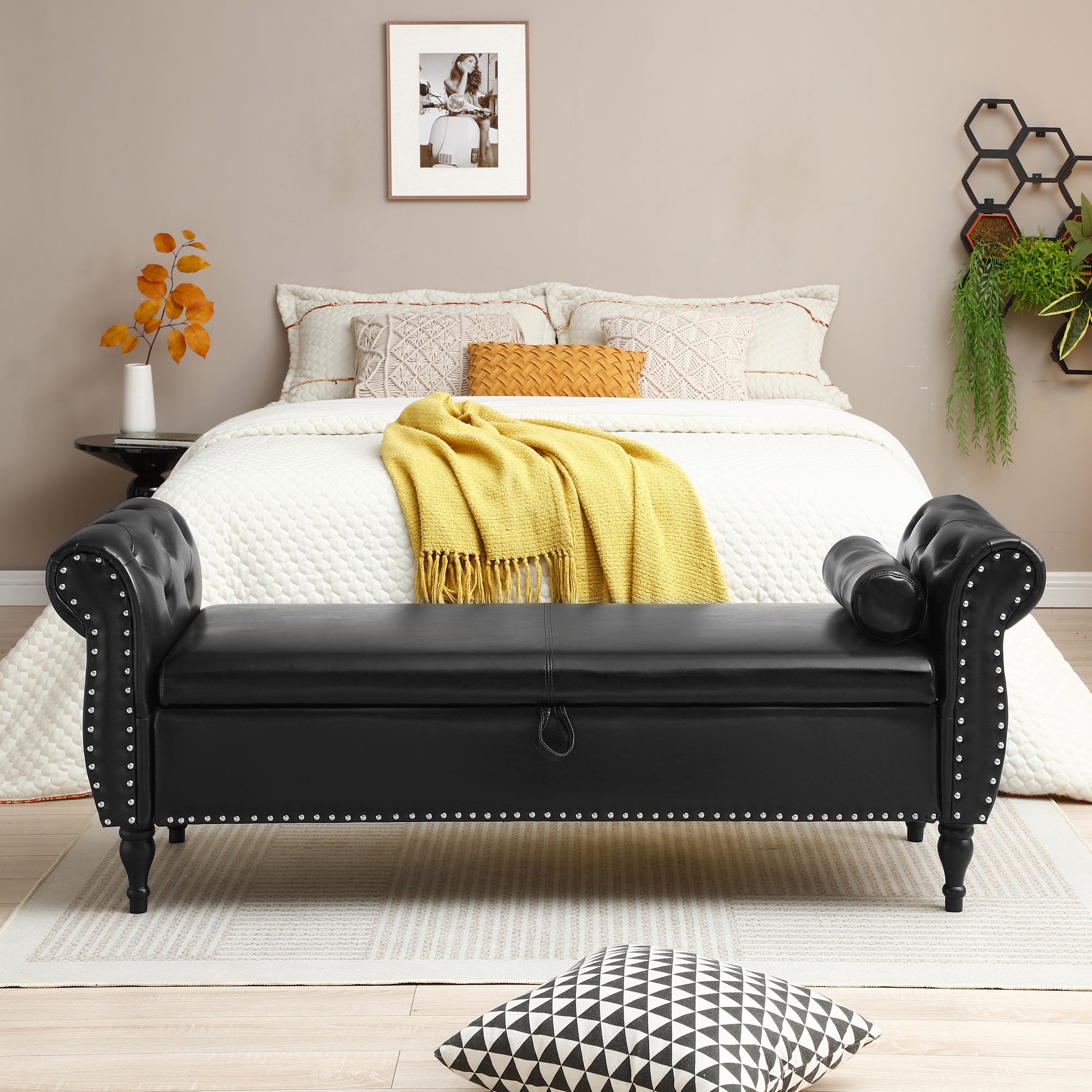 63' PU Upholstered End of Bed Bench Flip Top Entryway Ottoman with Safety Hinge Storage Rectangular Sofa Stool Buttons Tufted Nailhead Trimmed Solid Wood Legs with 1 Pillow,Black