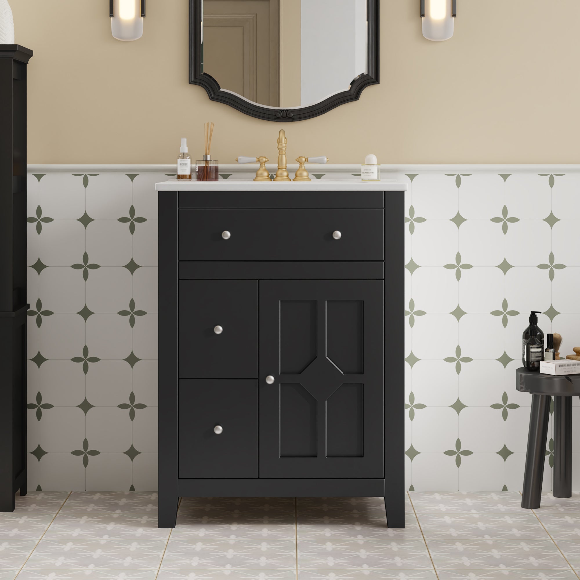 24' Modern Bathroom Vanity with Ceramic Basin, Restroom Basin Cabinet with 2 Drawers, Small Bathroom Cabinet with Soft-Closing Door