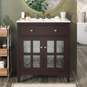 30' Bathroom Vanity with Ceramic Sink, Equipped with Adjustable Shelf and Tip-Out Tray, Bathroom vanity with Solid Wood Legs, Silver Metal Knobs and Soft Close Hinges, Dark Brown