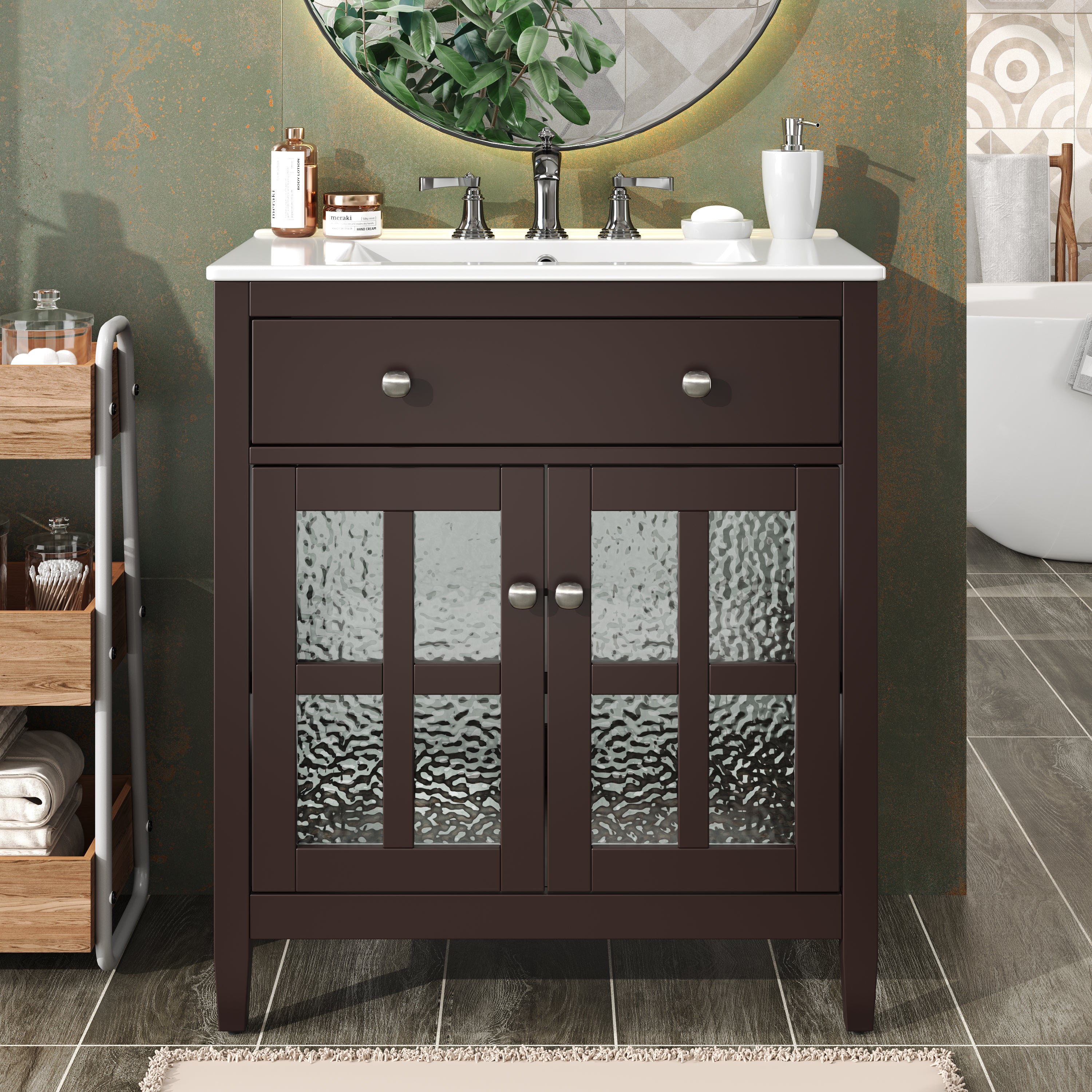 30' Bathroom Vanity with Ceramic Sink, Equipped with Adjustable Shelf and Tip-Out Tray, Bathroom vanity with Solid Wood Legs, Silver Metal Knobs and Soft Close Hinges, Dark Brown