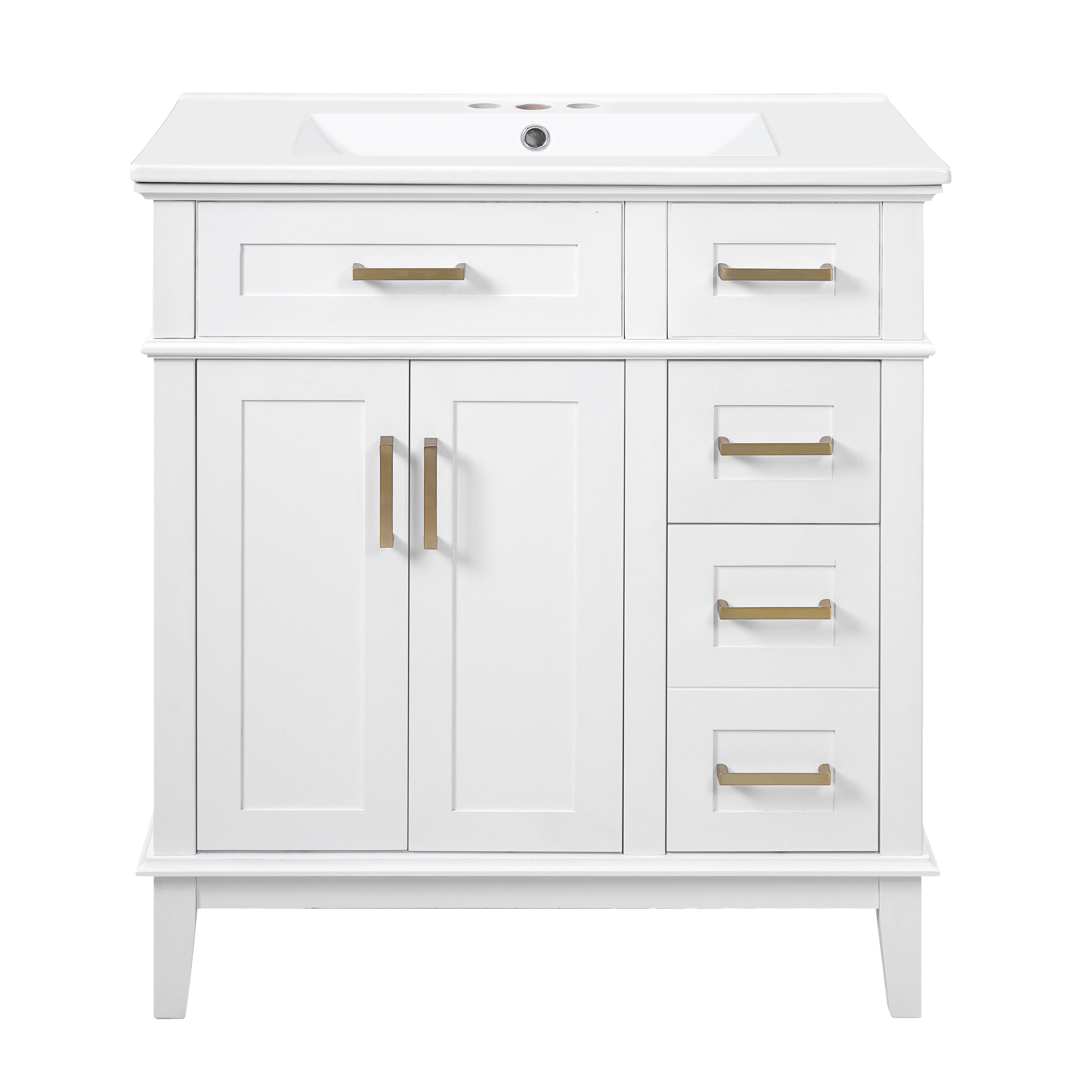 Modern 30' Bathroom Vanity with Ceramic Sink, Soft-Close Storage Cabinet, White Solid Wood & MDF