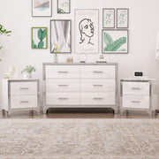 3-Pieces Sets,Dresser and Two Nightstands with Metal Handles and Mirror Decoration, Elegant and Subtle,White