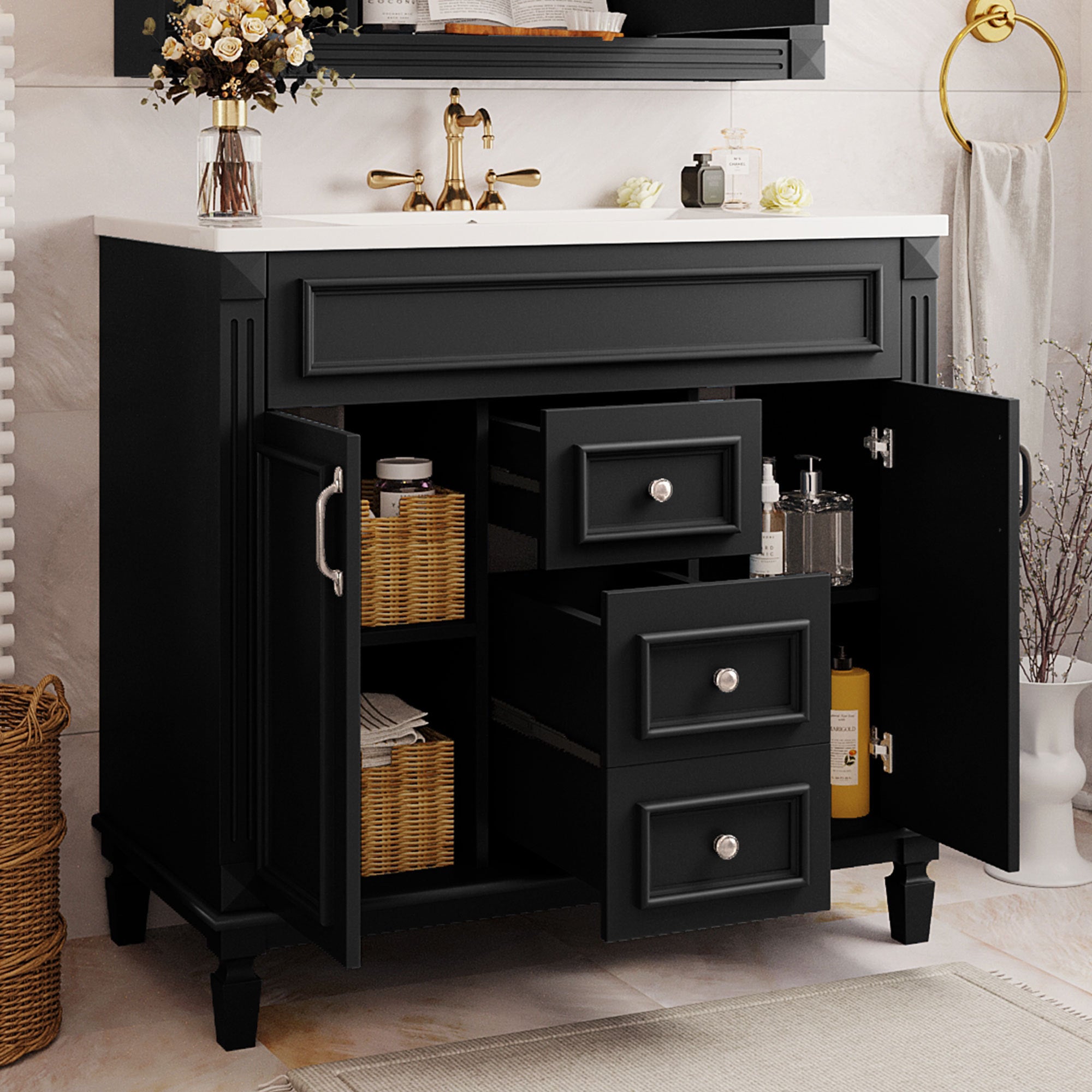 36'' Bathroom Vanity with Top Sink, Modern Bathroom Storage Cabinet with 2 Soft Closing Doors and 2 Drawers, Single Sink Bathroom Vanity