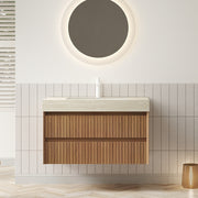 TILLEY 36' Bathroom Vanity&Sink, Floating Striped Plywood Storage Cabinet with 2 Drawers, Travertine-Pattern Sintered Stone Top with Ceramic Undermount Basin, Pre-assembled, Brown Oak Woodgrain Color