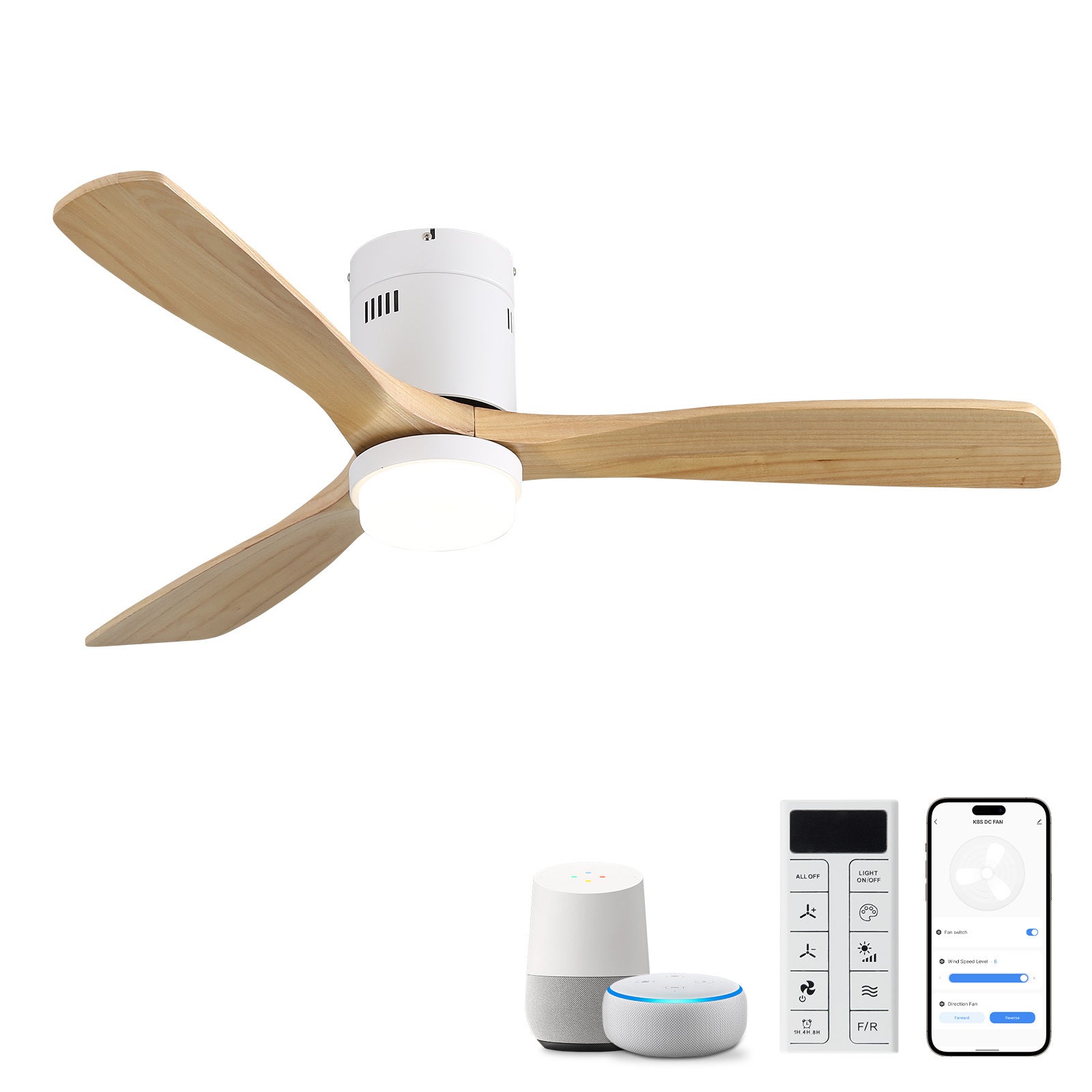 52 Inch Decorative Smart Ceiling Fan With 6 Speed Remote White 3 Solid Wood Blades Reversible DC Motor For Living Room