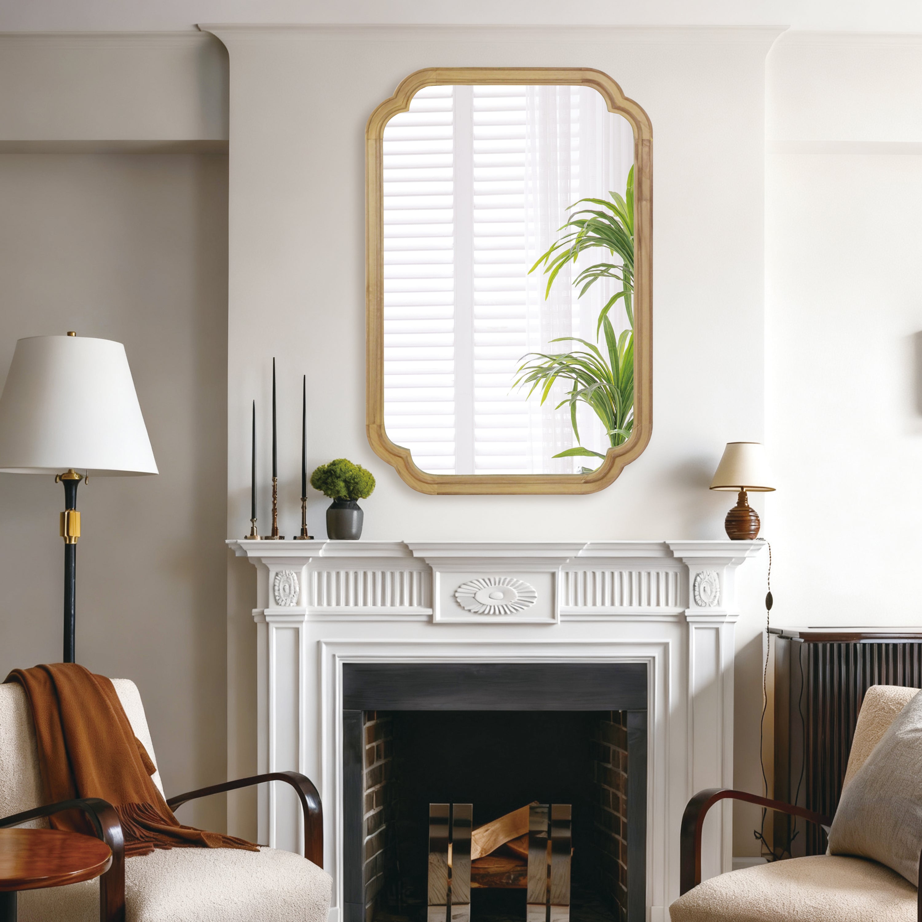 Natural Wood Color 24' x 36' Solid Wood Frame Rounded Corner Decorative Mirror, For Bedroom, Bathroom, Living Room, Entryway