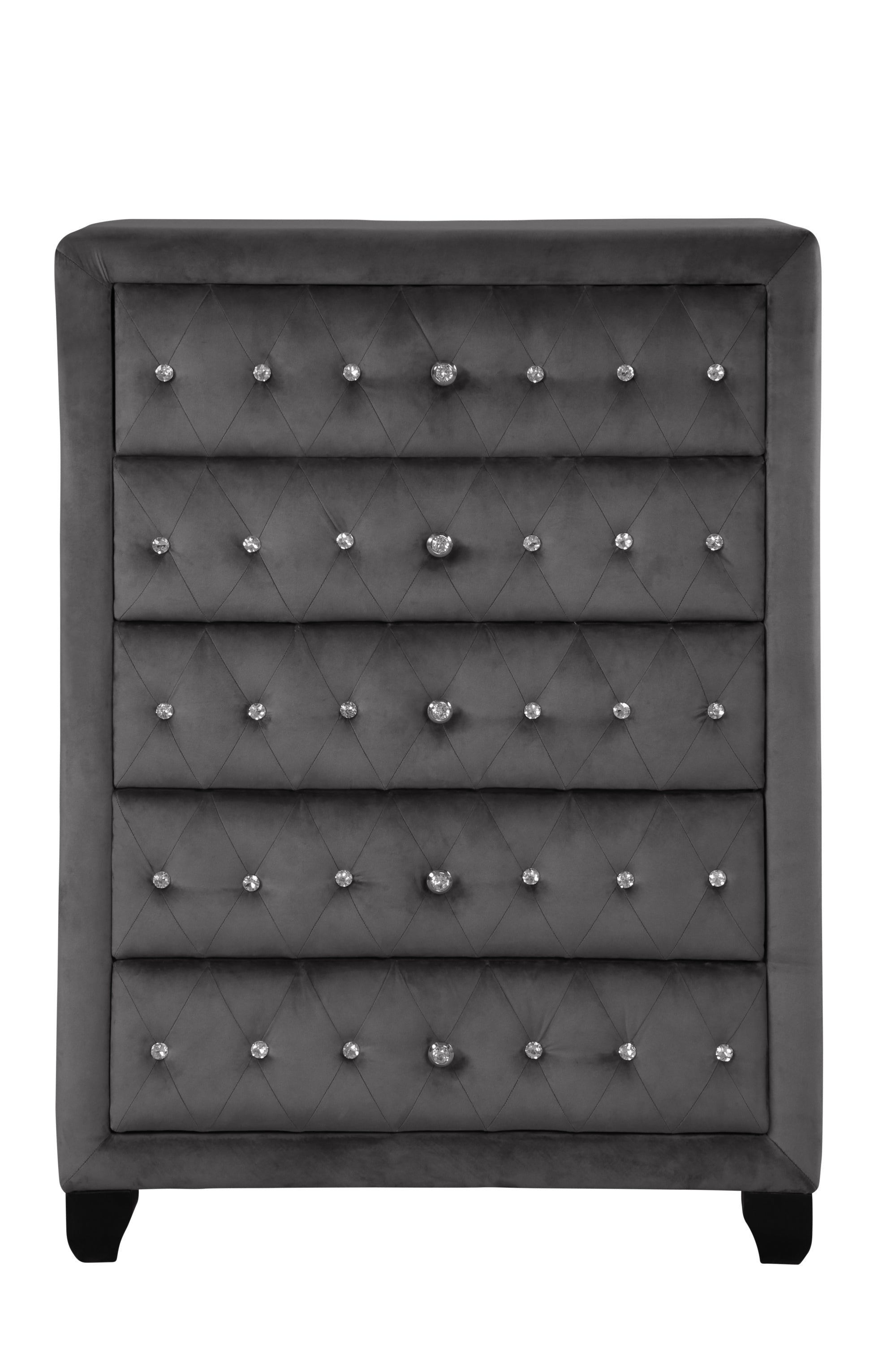 Sophia Modern Style Crystal Tufted Upholstery 5-Drawer Chest finished with Velvet Fabric made with Wood in Gray  same as 733569252343 (CA inventory)
