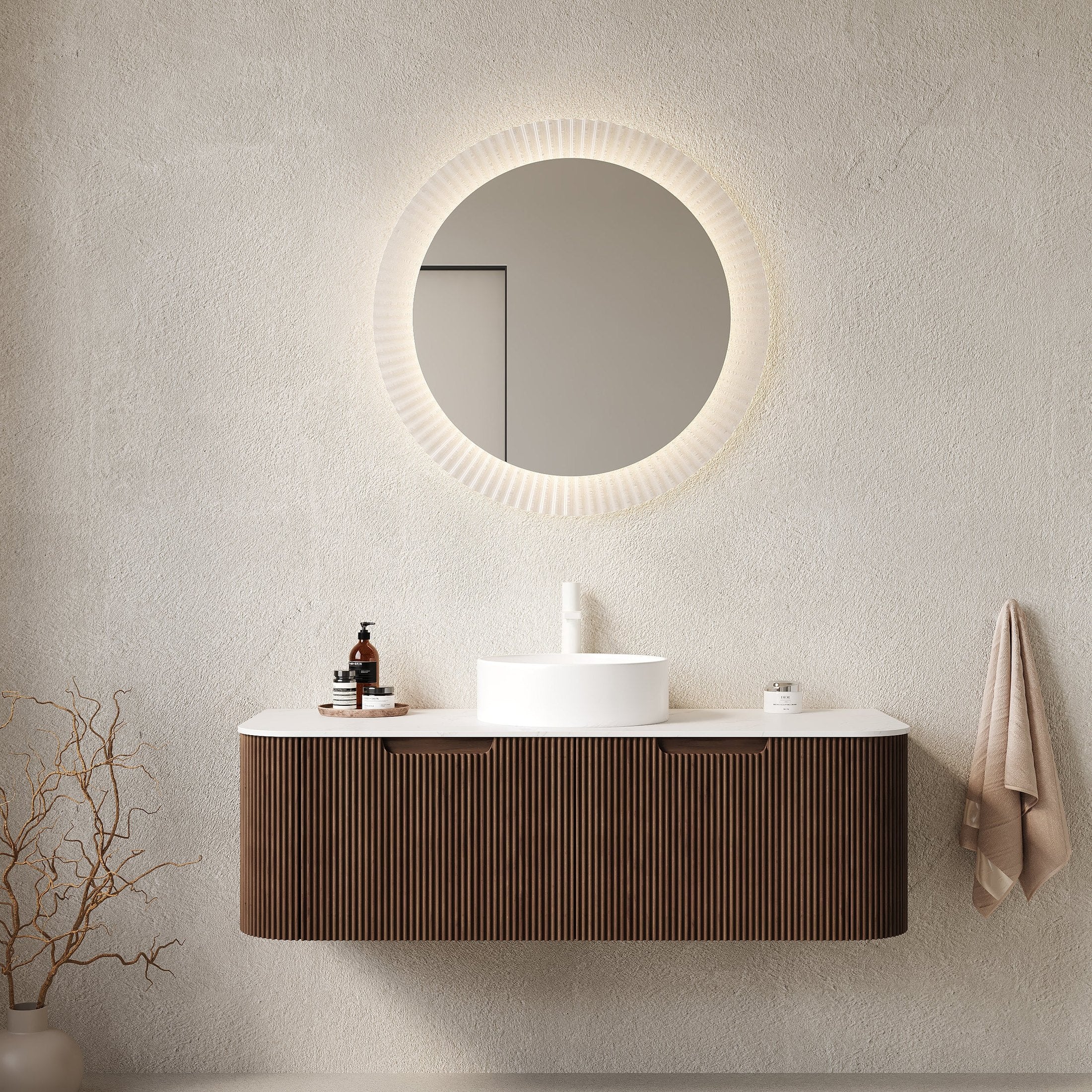 DINA 48' Bathroom Vanity with Sink, Wall-Mounted Floating Curved Edges Striped Bathroom Storage Cabinet with 2 Drawers, White Round Ceramic Basin, NO Faucet, Pre-assembled, Dark Walnut Woodgrain Color