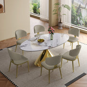 71' Modern Luxury Marble Dining Table Set for 4-6 People - Oval Kitchen Table with Gold Stainless Steel Base & 6 Padded Chairs - Elegant Contemporary Dining Room Furniture
