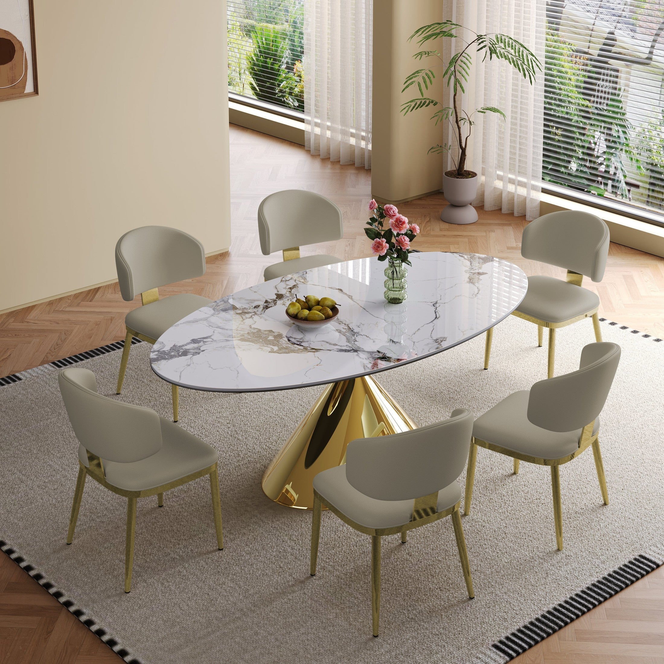 71' Modern Luxury Marble Dining Table Set for 4-6 People - Oval Kitchen Table with Gold Stainless Steel Base & 6 Padded Chairs - Elegant Contemporary Dining Room Furniture