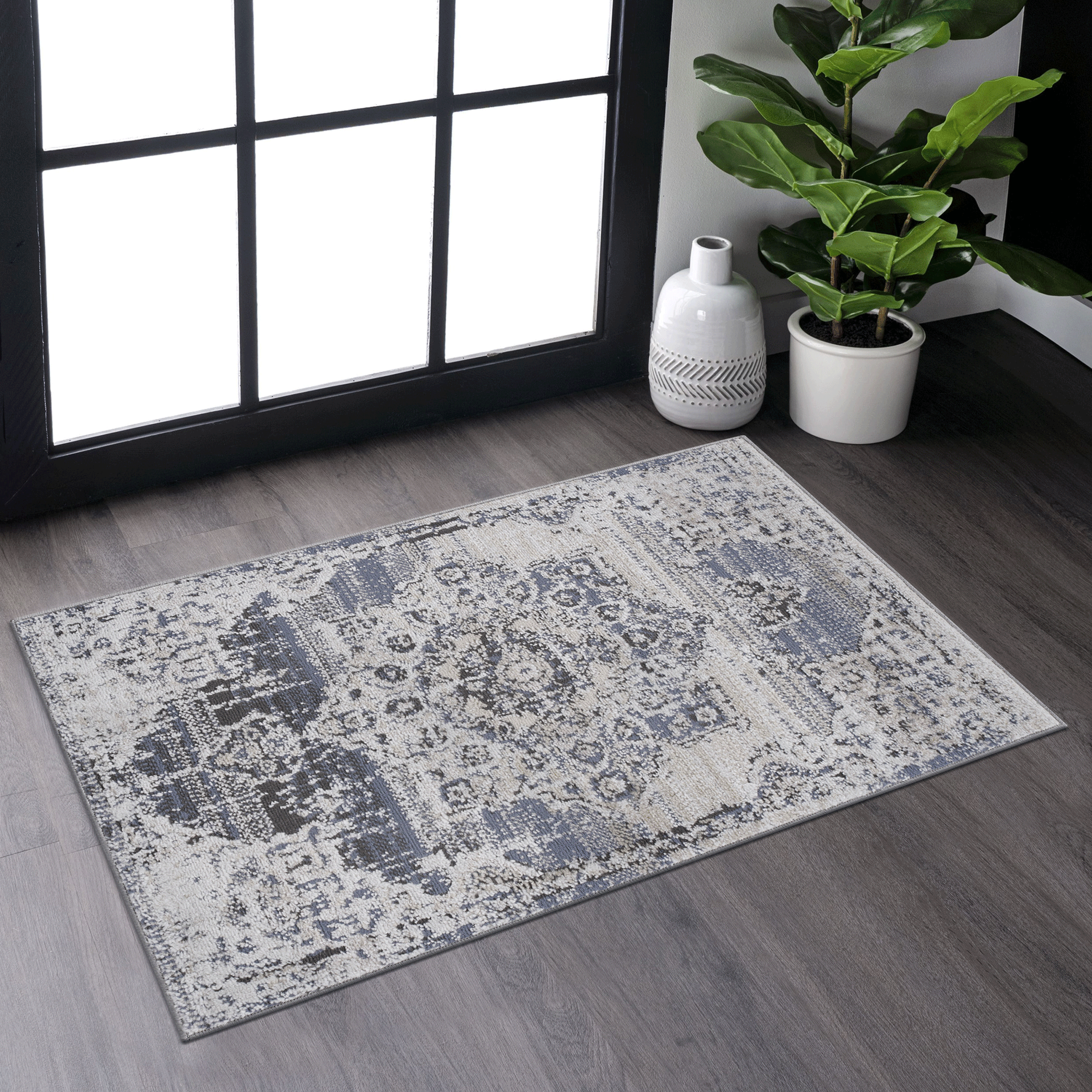 PAYAS Collection 2X3 Cream / Blue / Medallion Doormat Rug