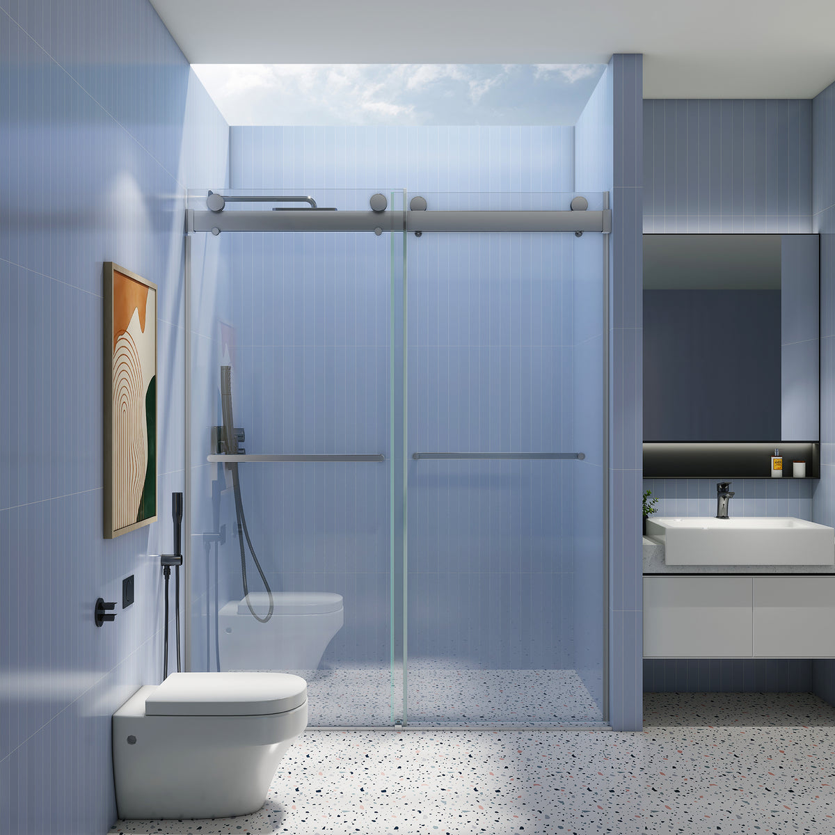 56 to 60 in. W x 76 in. H Double Sliding Frameless Soft-Close Shower Door, Premium 3/8 Inch (10mm) Thick Tampered Glass and Easy-cleaning Coating in Chrome 23D02-60C