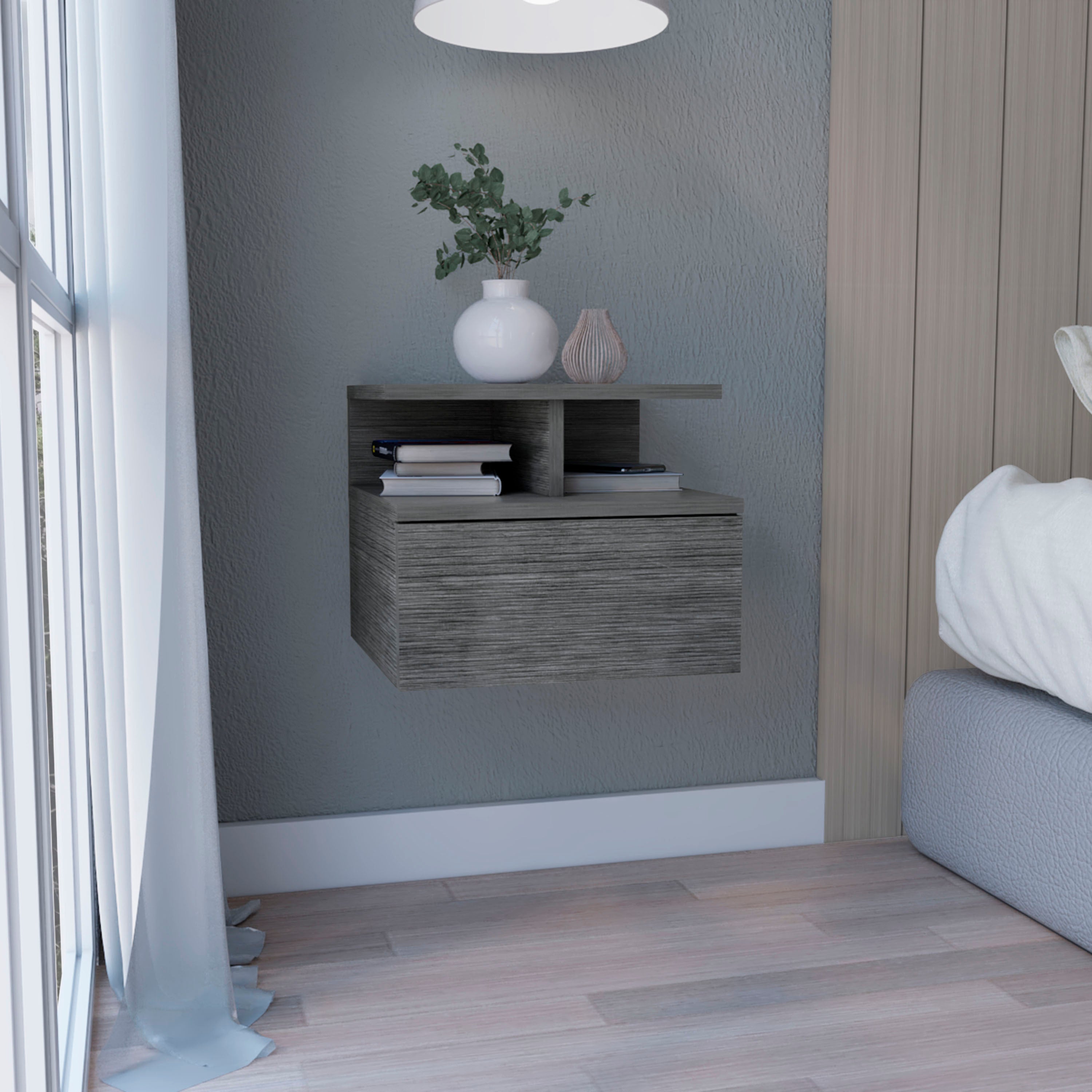 Floating Nightstand 12'H, Wall Mounted with Single Drawer and 2-Tier Shelf, Smokey Oak