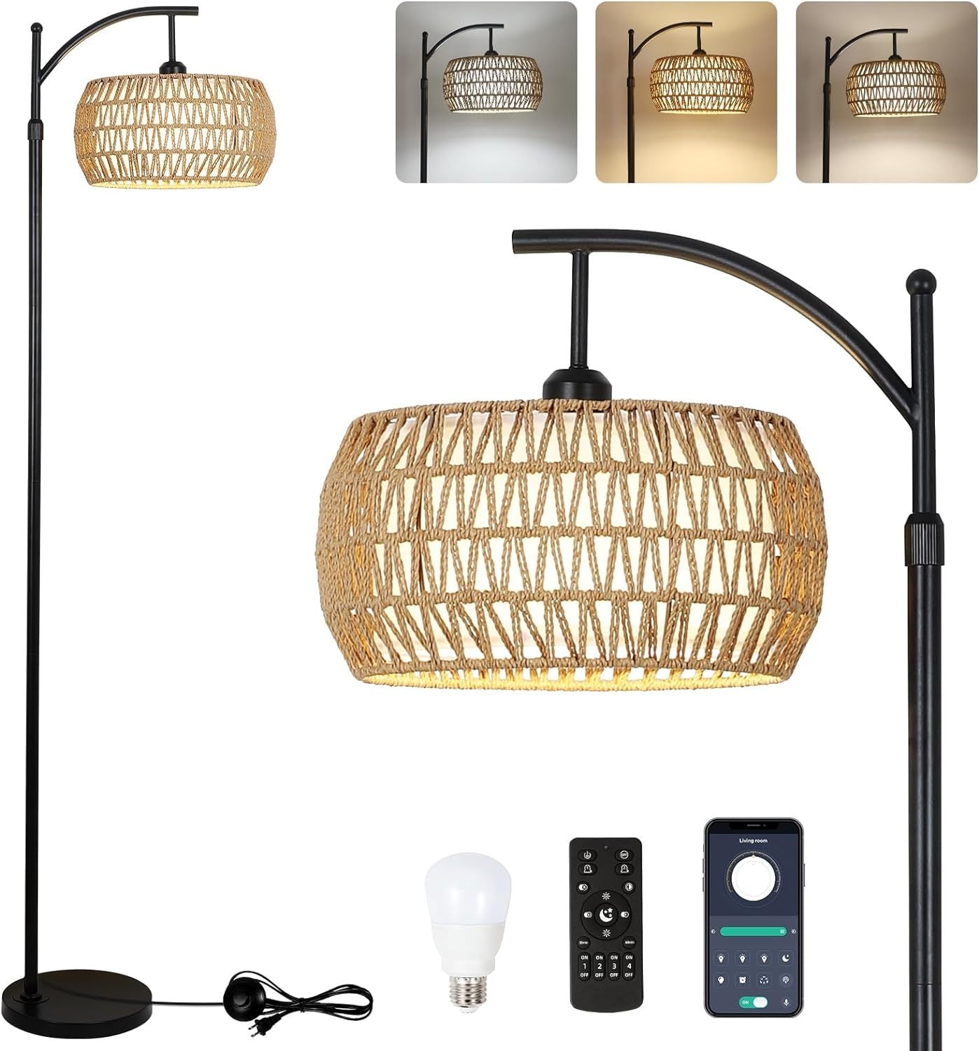 Arc Floor Lamp with Remote Control, Dimmable LED Floor Lamp with 3 Color Temperature, Black Standing Lamp with Rattan & Fabric Double Drum Shade, Boho Farmhouse Tall Pole Lamp for Living Room Bedroom