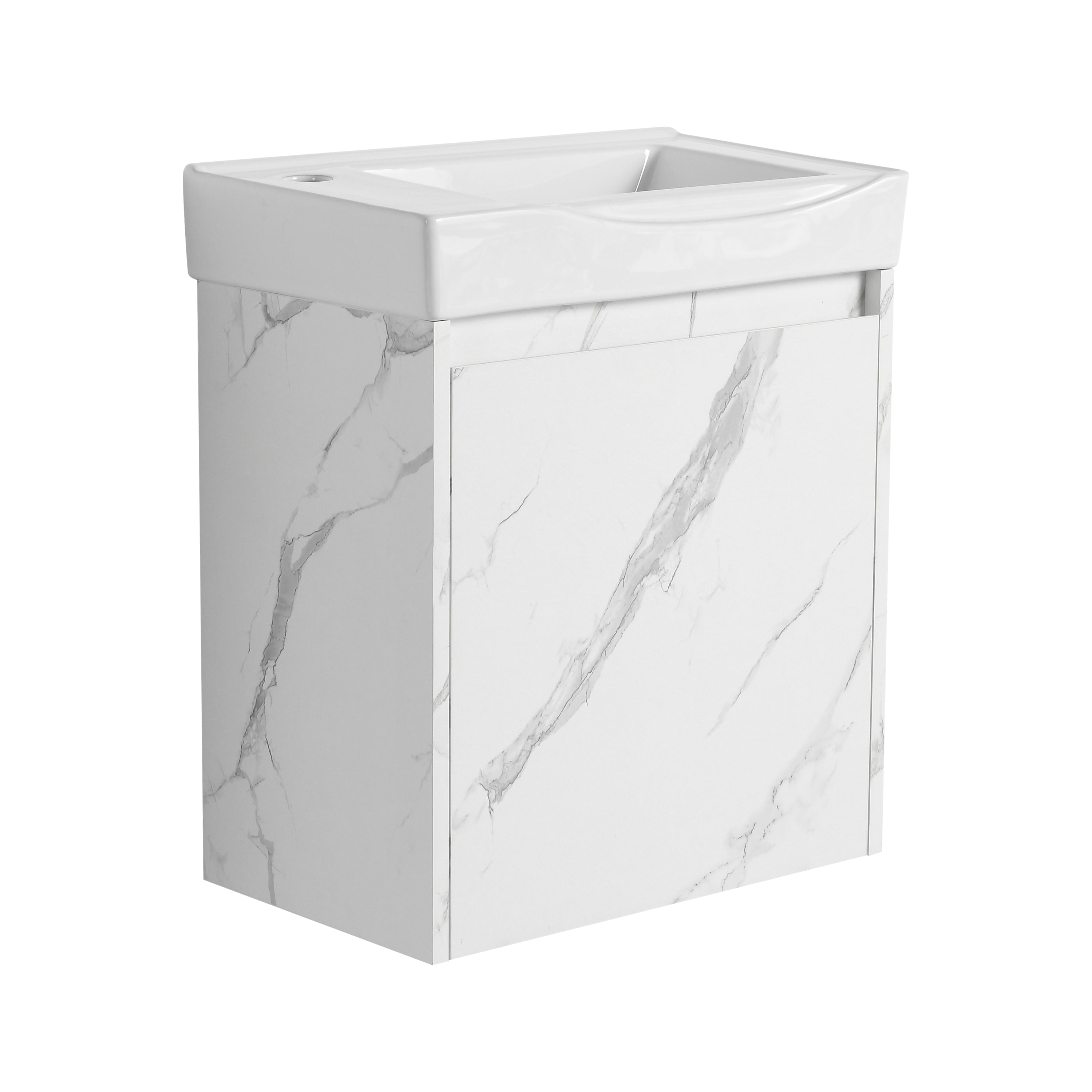 Minimalist 20' Wall-Mounted Bathroom Vanity with Ceramic Sink and Storage Cabinet in Carrara White