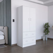 Armoire 71' H  with Two Doors, Two Drawers, and Hanging Rod,White