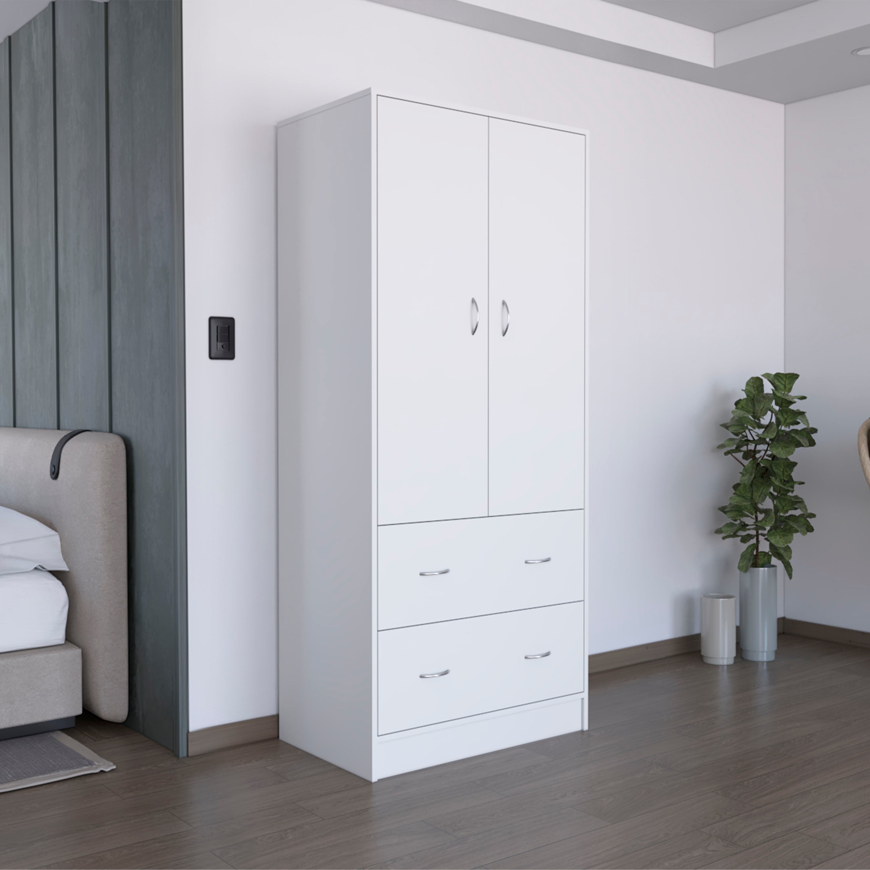 Armoire 71' H  with Two Doors, Two Drawers, and Hanging Rod,White