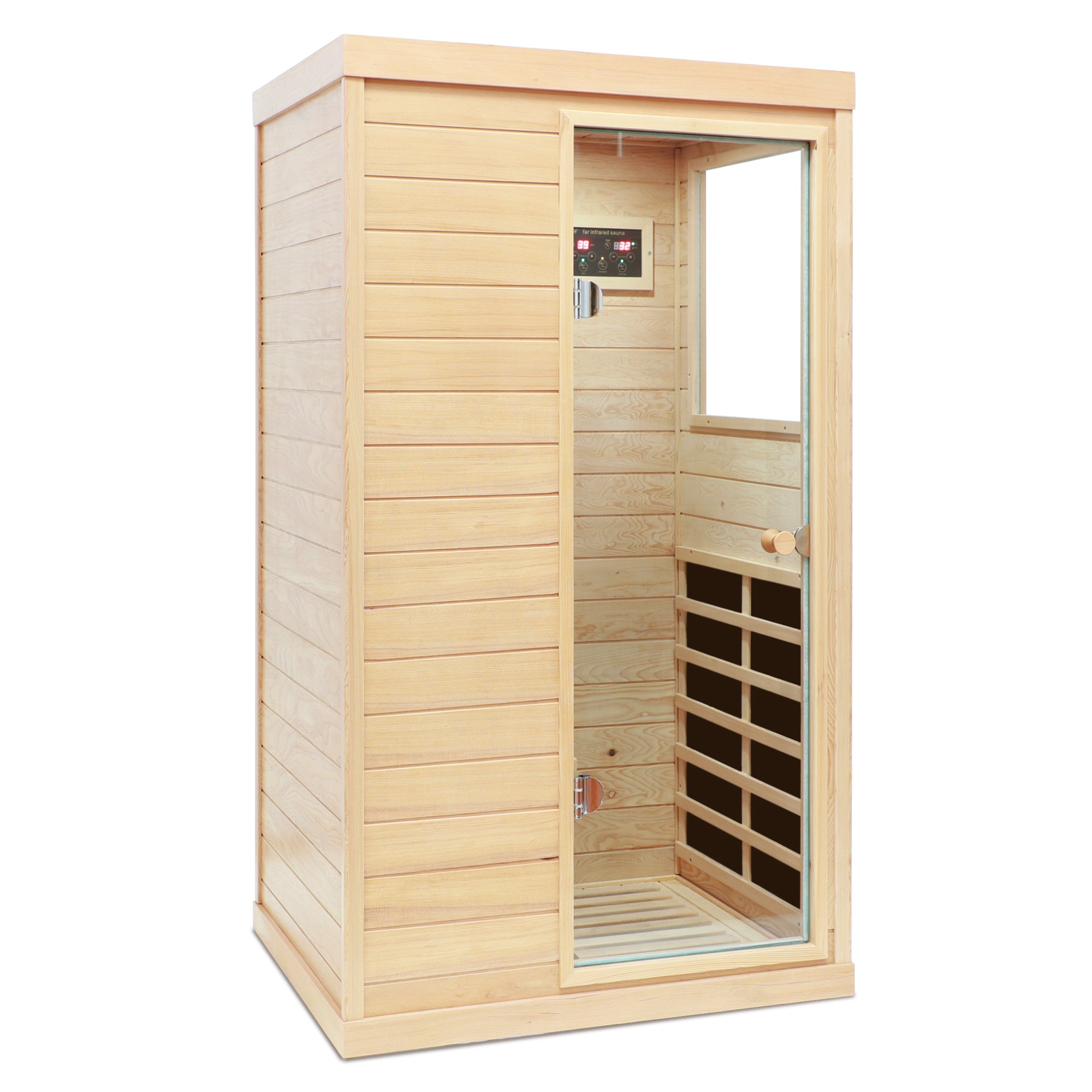 Hemlock Mini One Person Far Infrared Sauna Room with Right Door, Natural Hemlock Wood, Compact Size