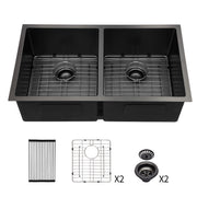 Gunmetal Black Double Bowl Undermount Kitchen Sink 16 Gauge Stainless Steel 33'x19' with Dual 10' Deep Basins