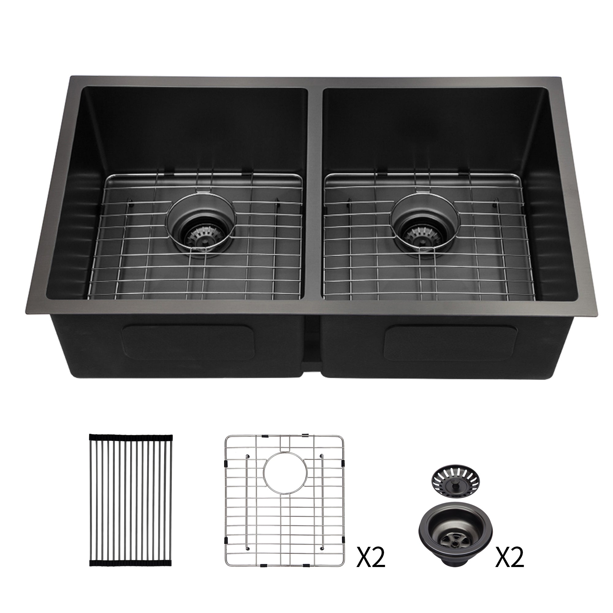 Gunmetal Black Double Bowl Undermount Kitchen Sink 16 Gauge Stainless Steel 33'x19' with Dual 10' Deep Basins