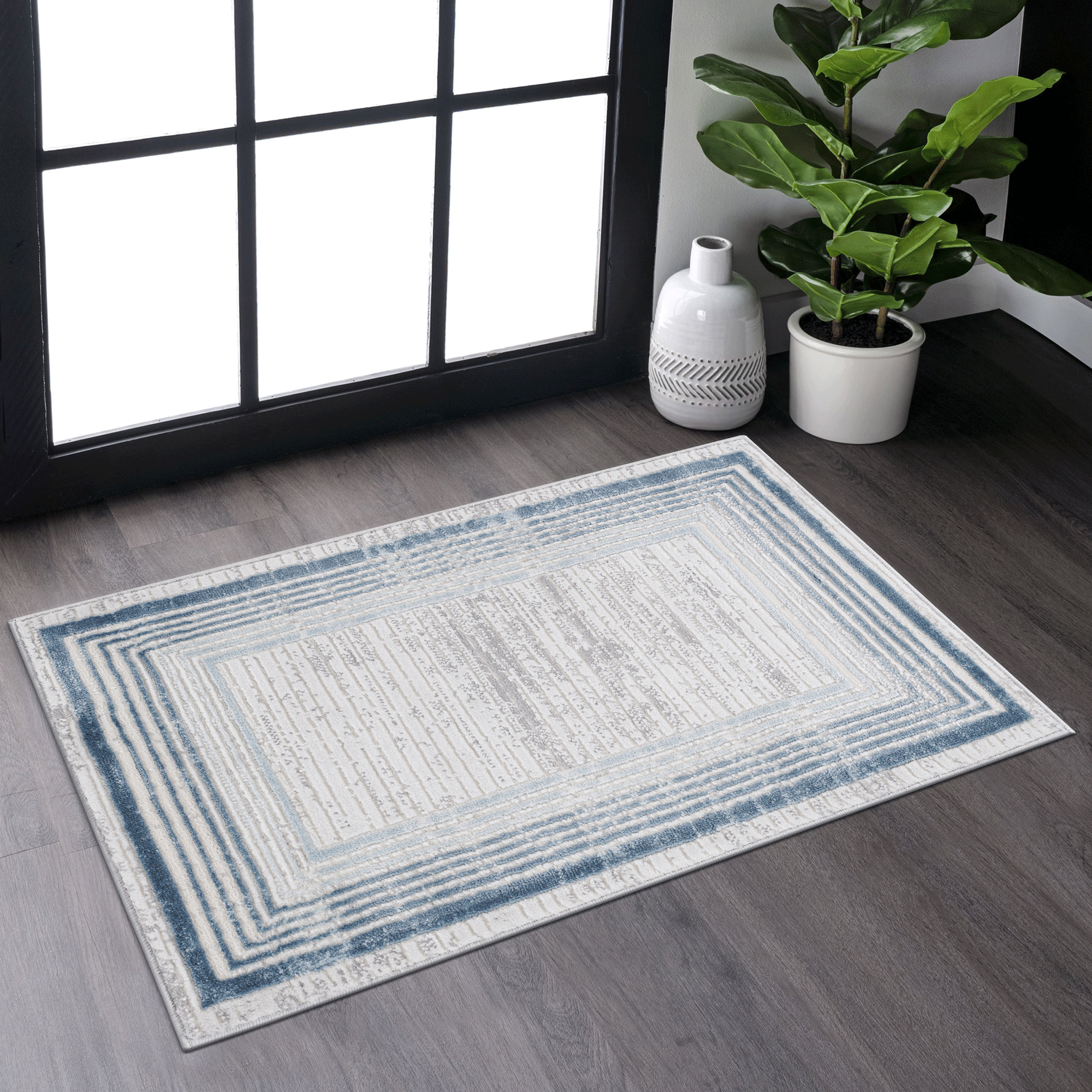 LOOM & LUXE Collection 2X3 Blue/Ivory/Bordered Non-Shedding Living Room Bedroom Dining Home Office Stylish and Stain Resistant Area Rug