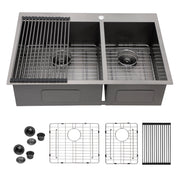 Double Bowl Drop in Sink- 33' x 22' x 9' Gunmetal Black  Double Bowl Kitchen Sink 16 Gauge with Two 9' Deep Basin