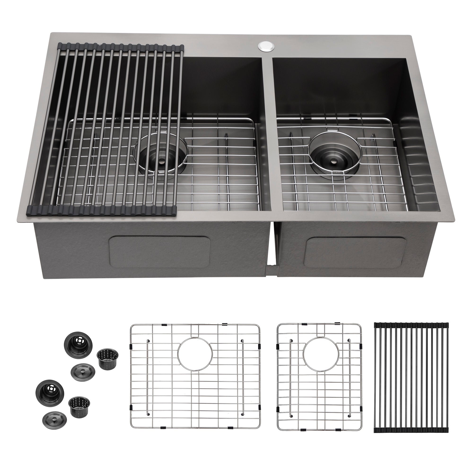 Double Bowl Drop in Sink- 33' x 22' x 9' Gunmetal Black  Double Bowl Kitchen Sink 16 Gauge with Two 9' Deep Basin