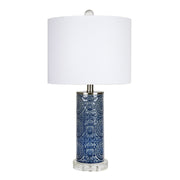 Spyro 23' Contemporary Table Lamp in Bijou Blue Ceramic with White Linen Shade and Clear K9 Crystal and Brushed Nickel Accents from Grandview Gallery by LumiSource