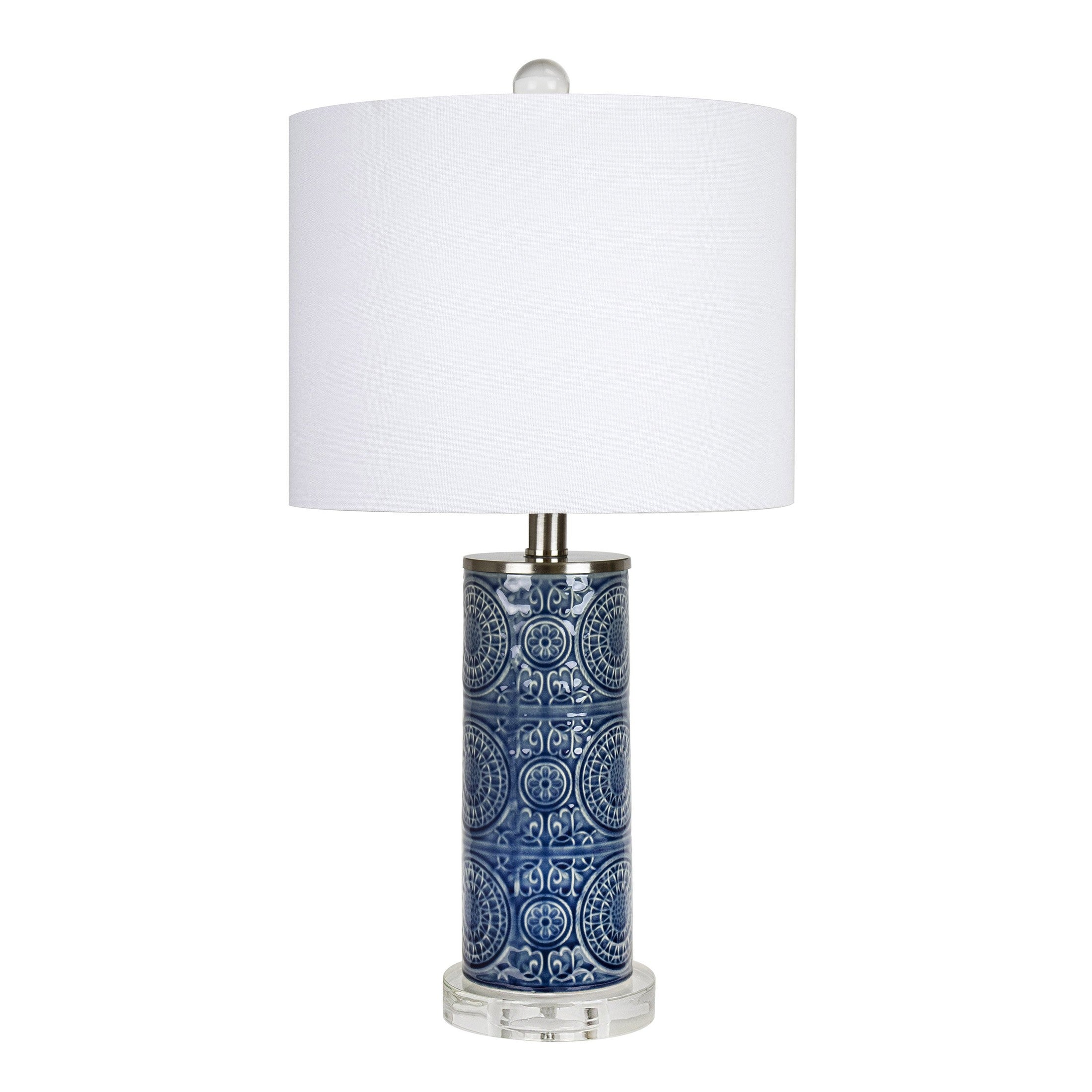 Spyro 23' Contemporary Table Lamp in Bijou Blue Ceramic with White Linen Shade and Clear K9 Crystal and Brushed Nickel Accents from Grandview Gallery by LumiSource