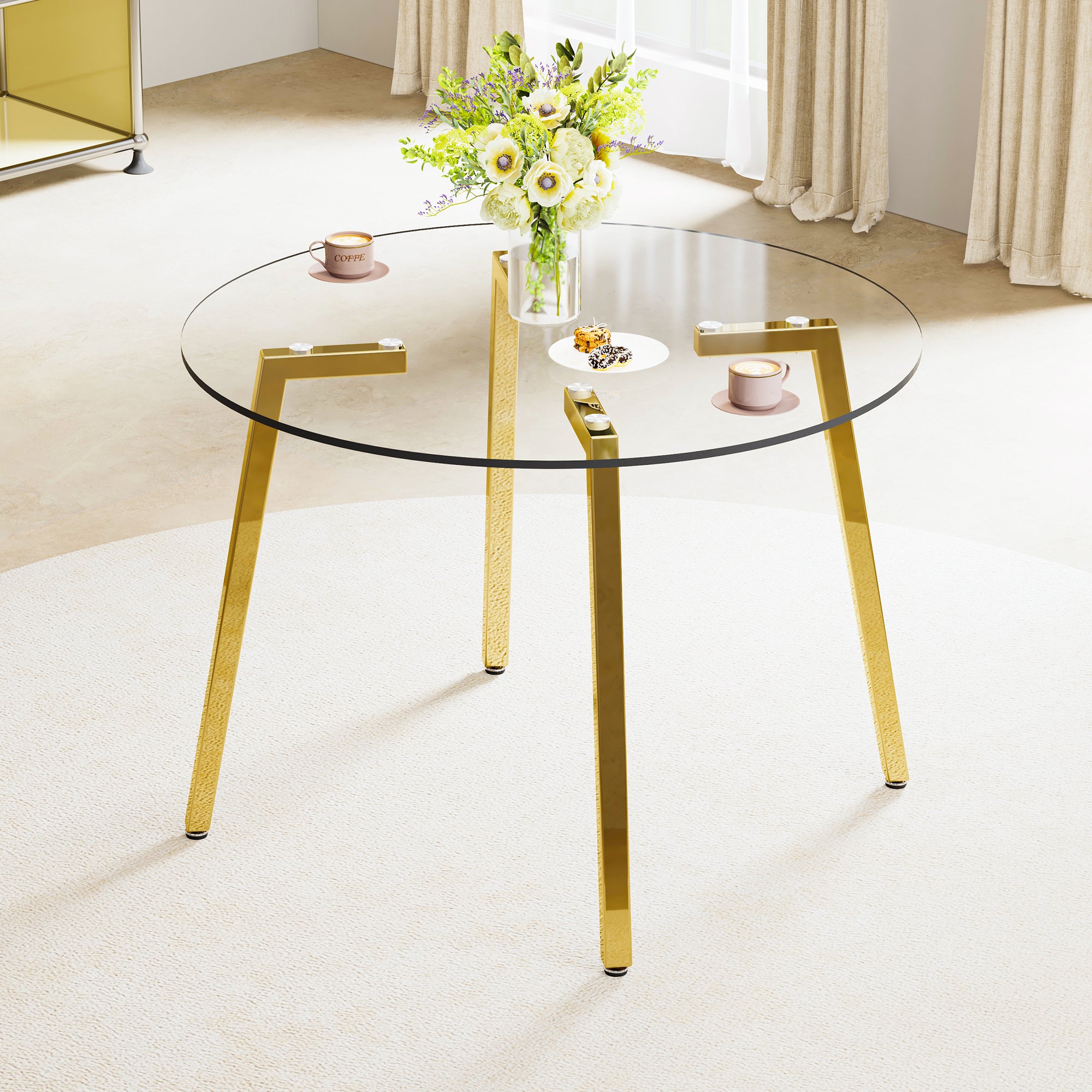 Modern minimalist style circular transparent tempered glass table, tempered glass tabletop, golden metal legs, suitable for kitchen, dining room, and living room, 42 '* 42' * 29.5 'W1151138118