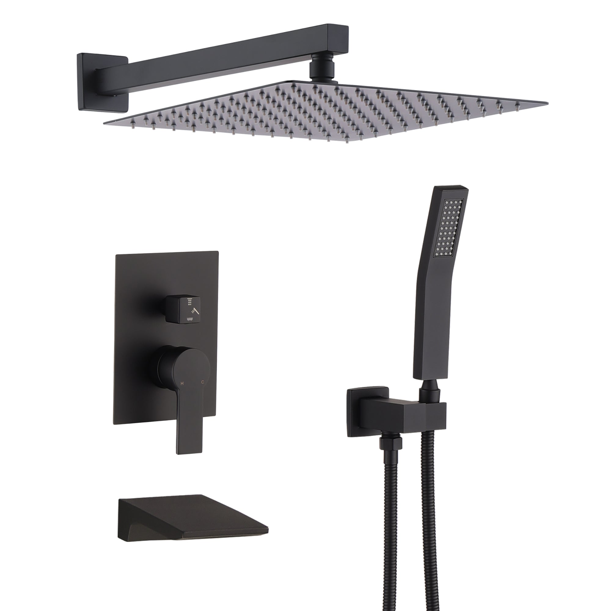 Modern Black Shower Faucet Set Rainfall System with 10 Inch Shower Head and Handheld Combo Stainless Steel Matte Black