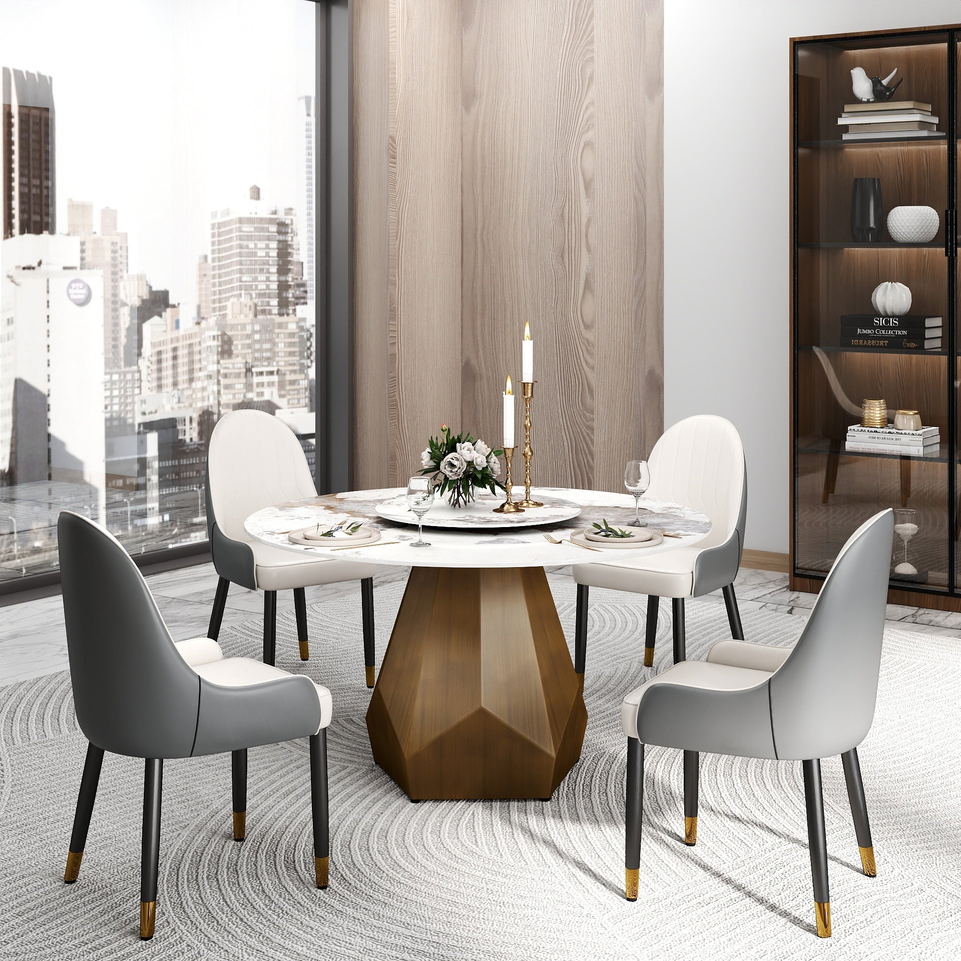 53' Round Marble Dining Table with Metal Base, Artificial Marble for 6 People, 23.62'White Artificial Stone Turntable,White (Dining Table Only)