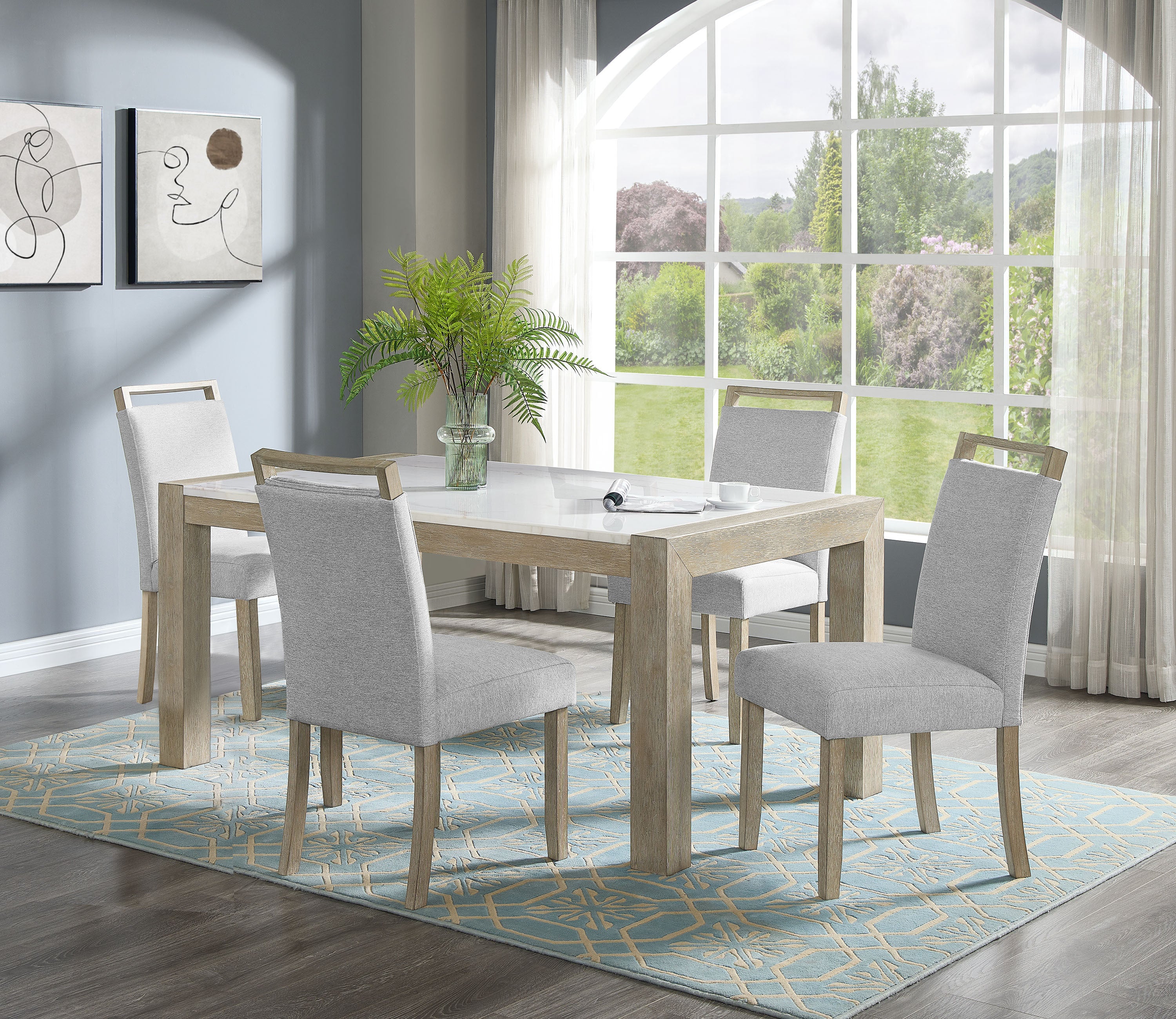 5pc Dining Set Contemporary Style White Genuine Marble Stone Rectangular Table Full Back Upholstered Chairs Beige Gray Dining Room Wooden Furniture