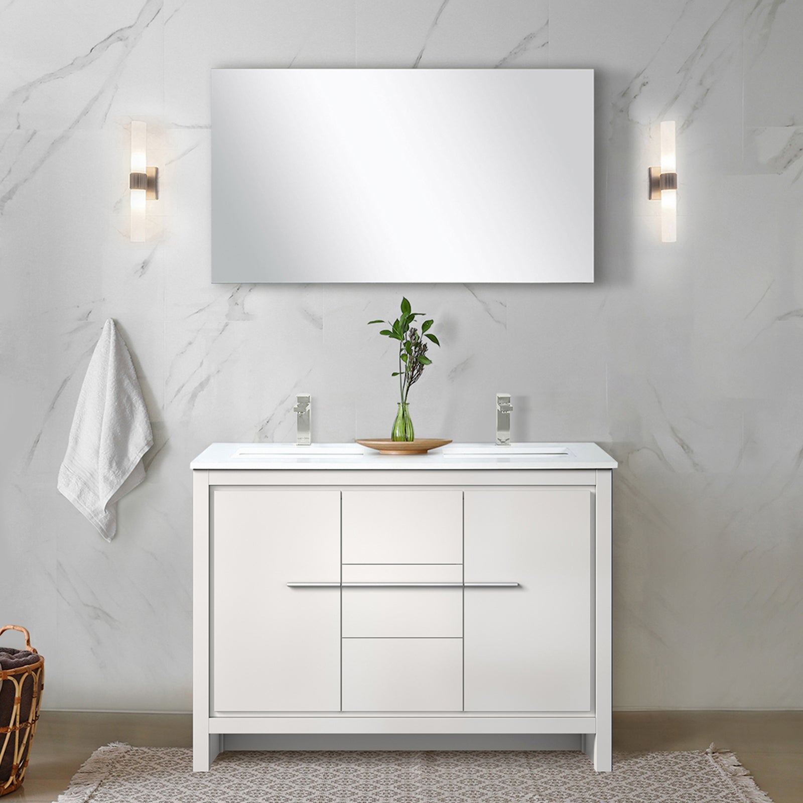White Double Bath Vanity 48 in. W x 20 in. D, Cultured Marble Top and Brushed Nickel Faucet Set