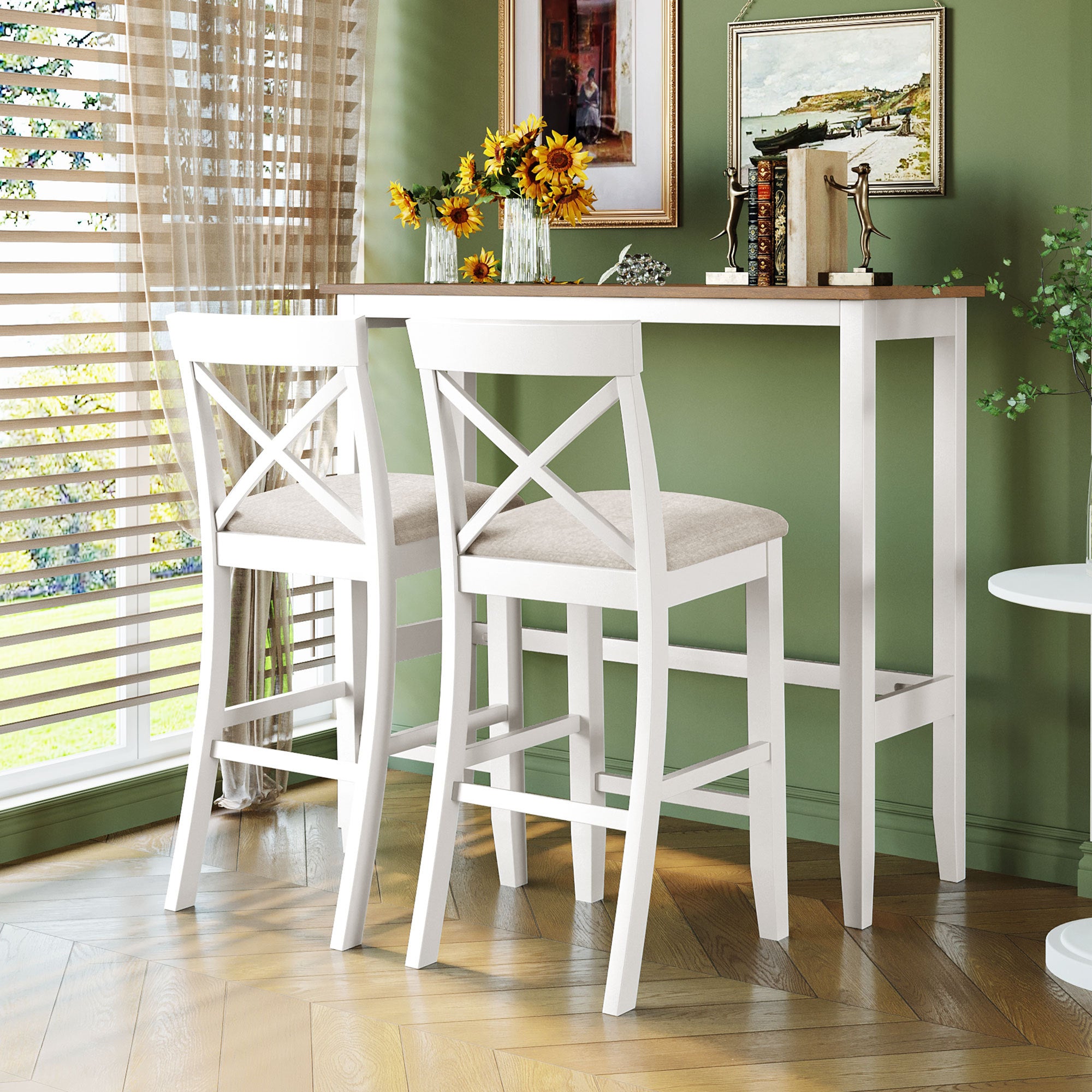 TOPMAX Farmhouse 48'Rectangular Wood Bar Height Dining Set Kitchen Breakfast Nook with 2 Chairs for Small Places,Brown+White+Beige