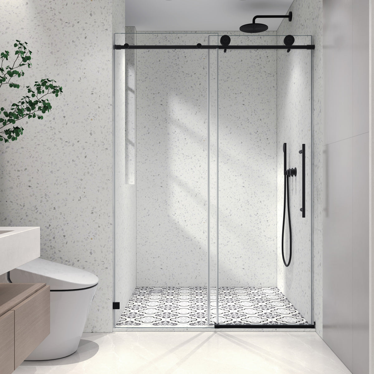 5476 BLACK frameless one fixed and one shifted Shower Door, 70MM 304 stainless steel large pulleys with adjustable soft closing function,with nano easy cleaning and stick explosion-proof menbrance