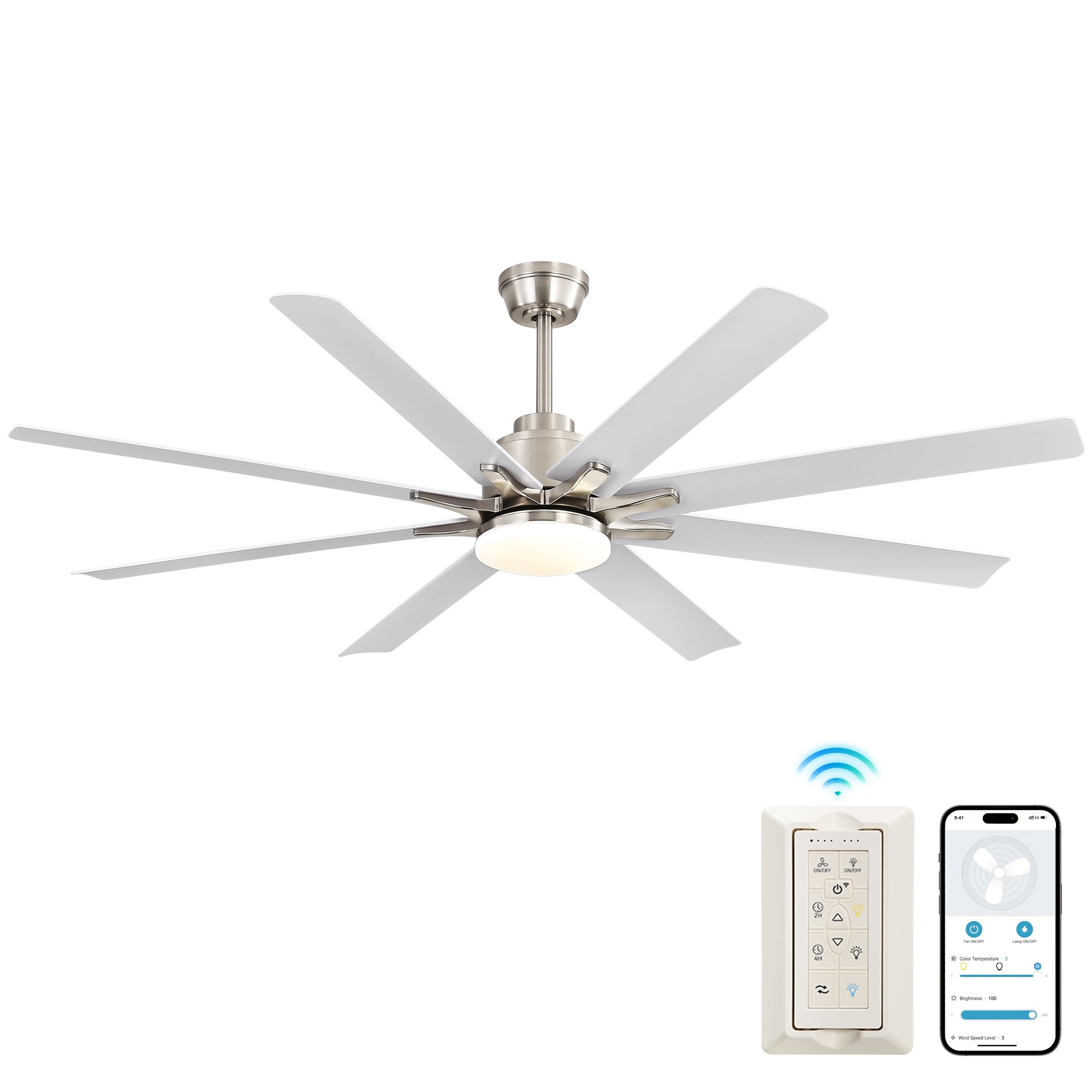 52-Inch Smart Ceiling Fan With Lights,6 Wind Speed,With 8 White ABS Blades,Voice Remote,Fan For Bedroom,Living Room,Patio,Kitchen