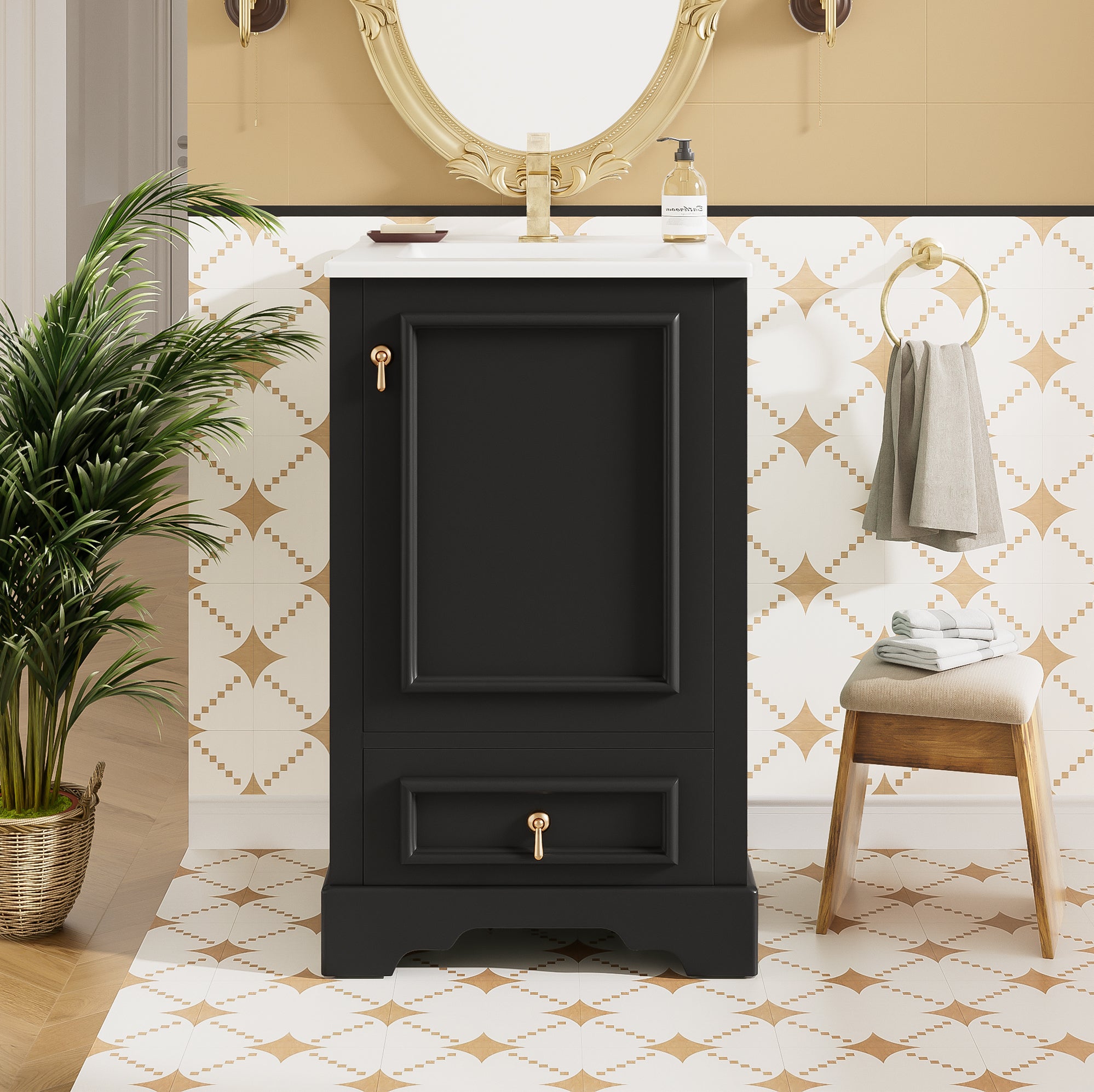 20 Inch Bathroom Vanity with Ceramic Sink, Soft Close Door, Adjustable U-Shaped Shelf, Compartment Drawer and Door Storage Rack, Modern Style, Space-Saving Design