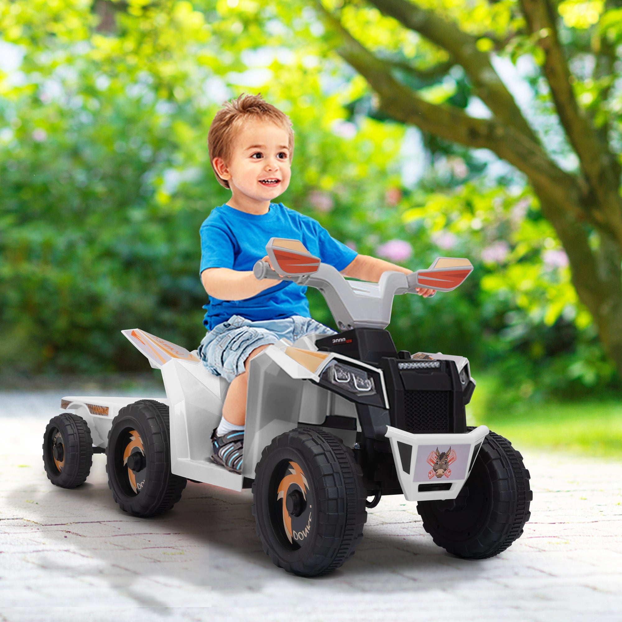 6V Kids Electric ATV, Toddler Ride on Car with Trailer, Music, Bluetooth and Power Display for Boys and Girls, White