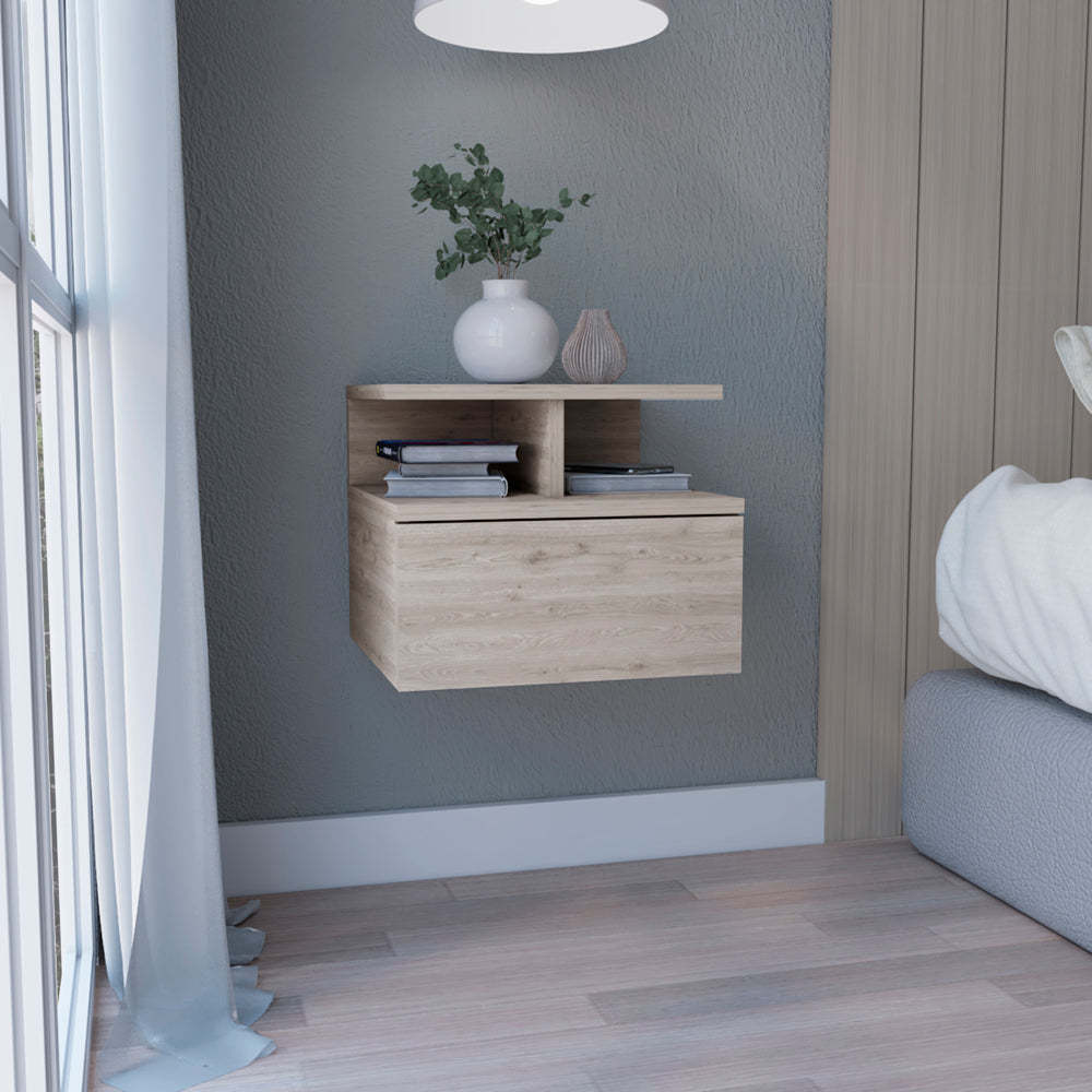 Floating Nightstand 12'H, Wall Mounted with Single Drawer and 2-Tier Shelf, Light Gray