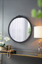 30'x30' Round Hand Carved Rose Antique Mirror Frame, Wall Mirror for Live space, Bathroom, Entryway Wall Décor(Black)
