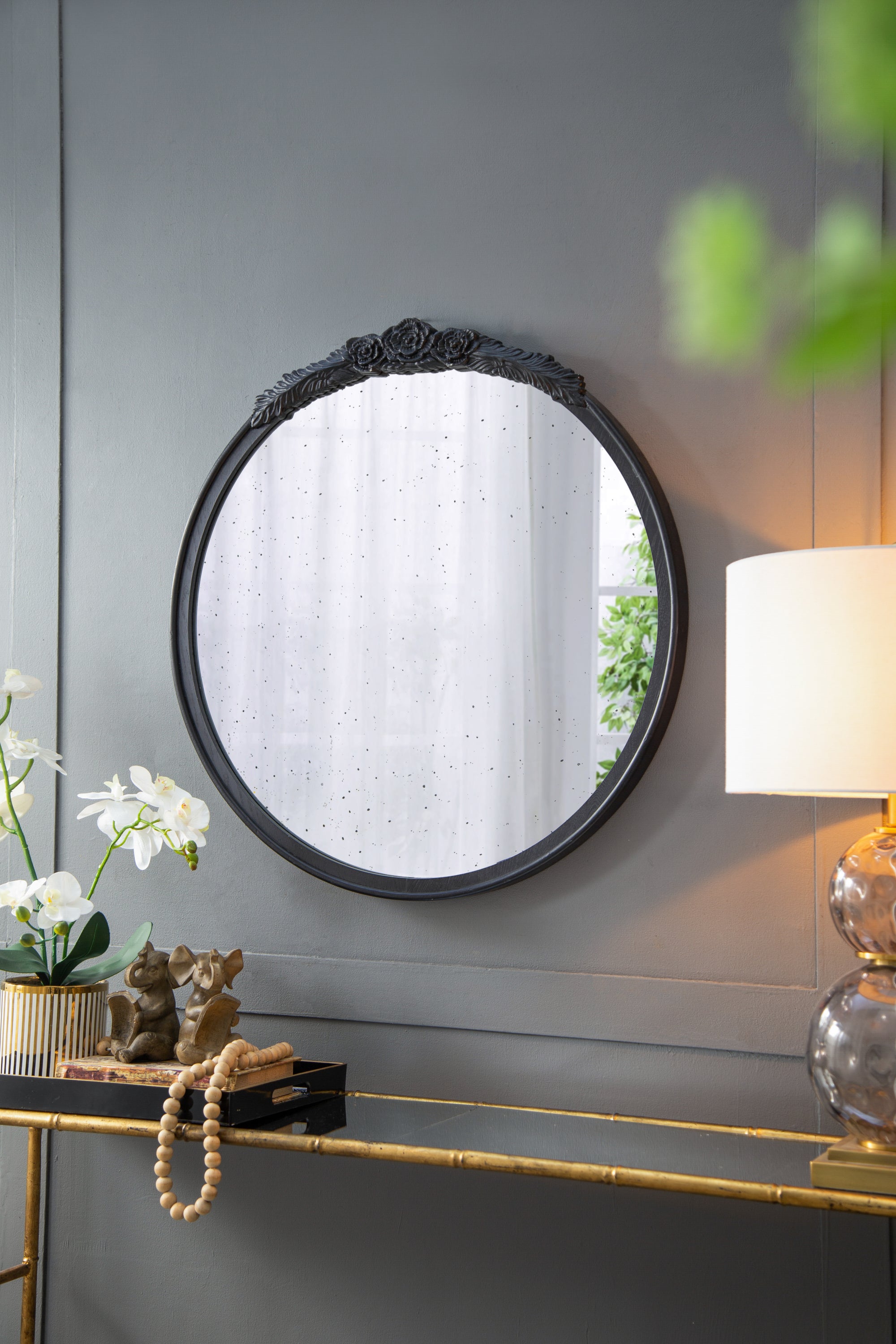 30'x30' Round Hand Carved Rose Antique Mirror Frame, Wall Mirror for Live space, Bathroom, Entryway Wall Décor(Black)