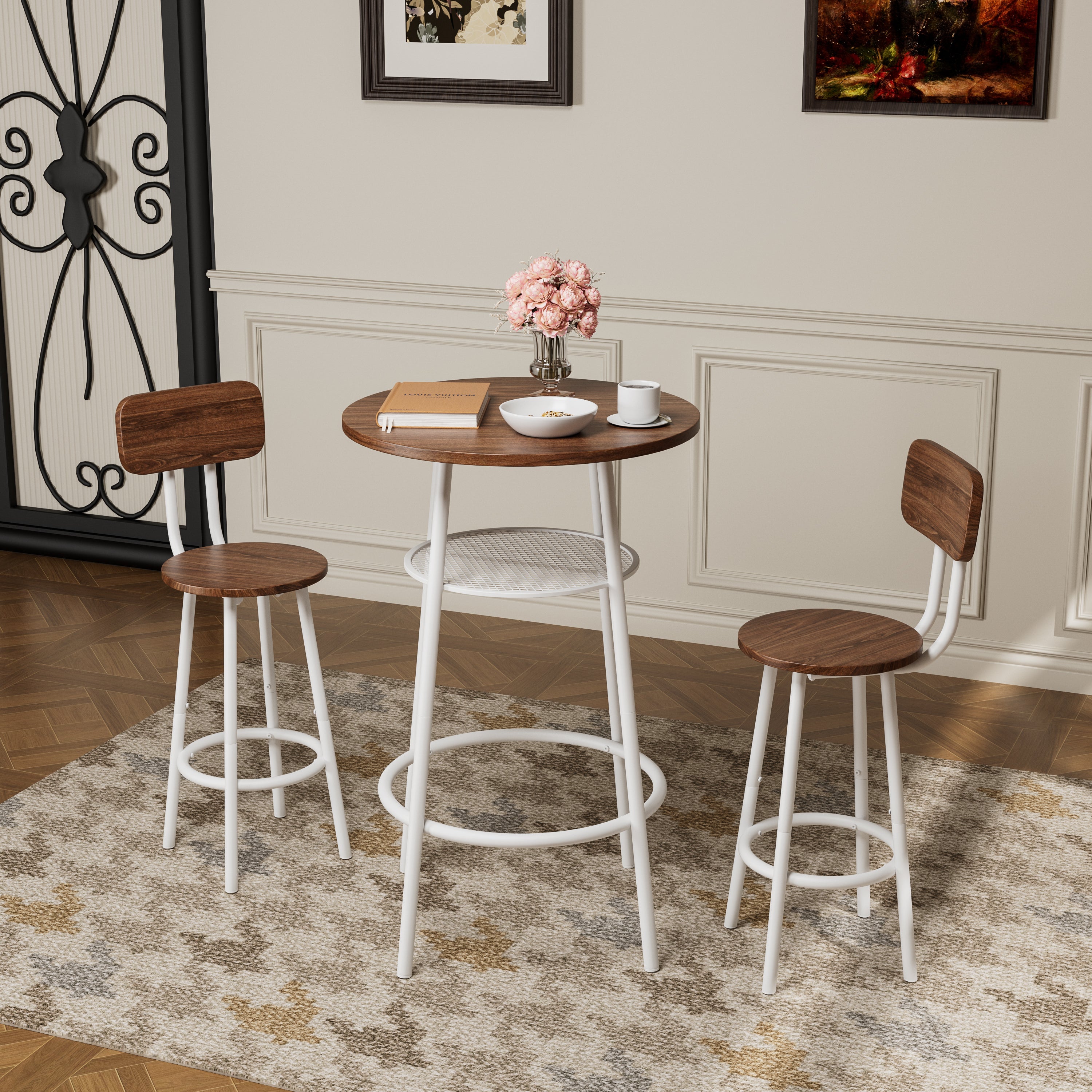 3-Piece Bar Table Set with 2 Bar Stools – Modern Pub Table with Backrests & Storage Shelf