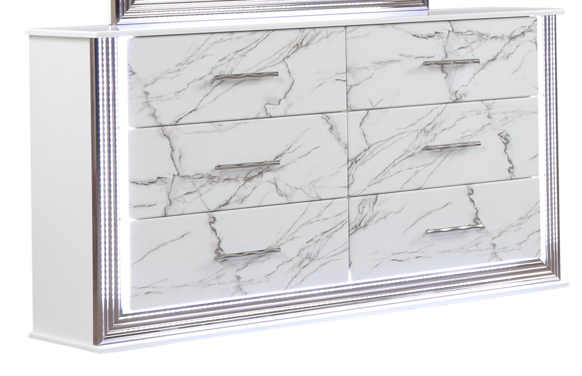 Desire Dresser Marble Patterned Drawer Fronts with Sleek White Finish, Metallic Handle  and Six Spacious Drawers for Elegant Bedroom Storage (INCLUDES ONLY DRESSER)  same as B009P309336 (CA inventory)