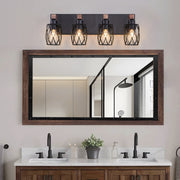 24' Industrial Vintage 4-Light Wall Sconce - Black Cage Wall Lighting Fixture with Wooden Accents for Bathroom, Hallway, or Living Room (Bulb Not Included)