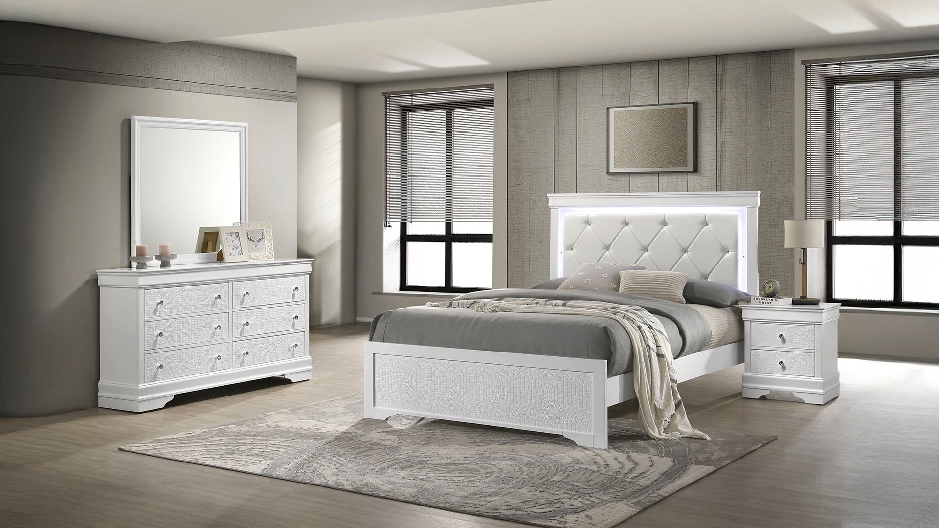 Blaze Upholstered Modern Style 4 Pc Twin Bedroom Set with LED Headboard Made with Wood in White(CA WAREHOUSE)