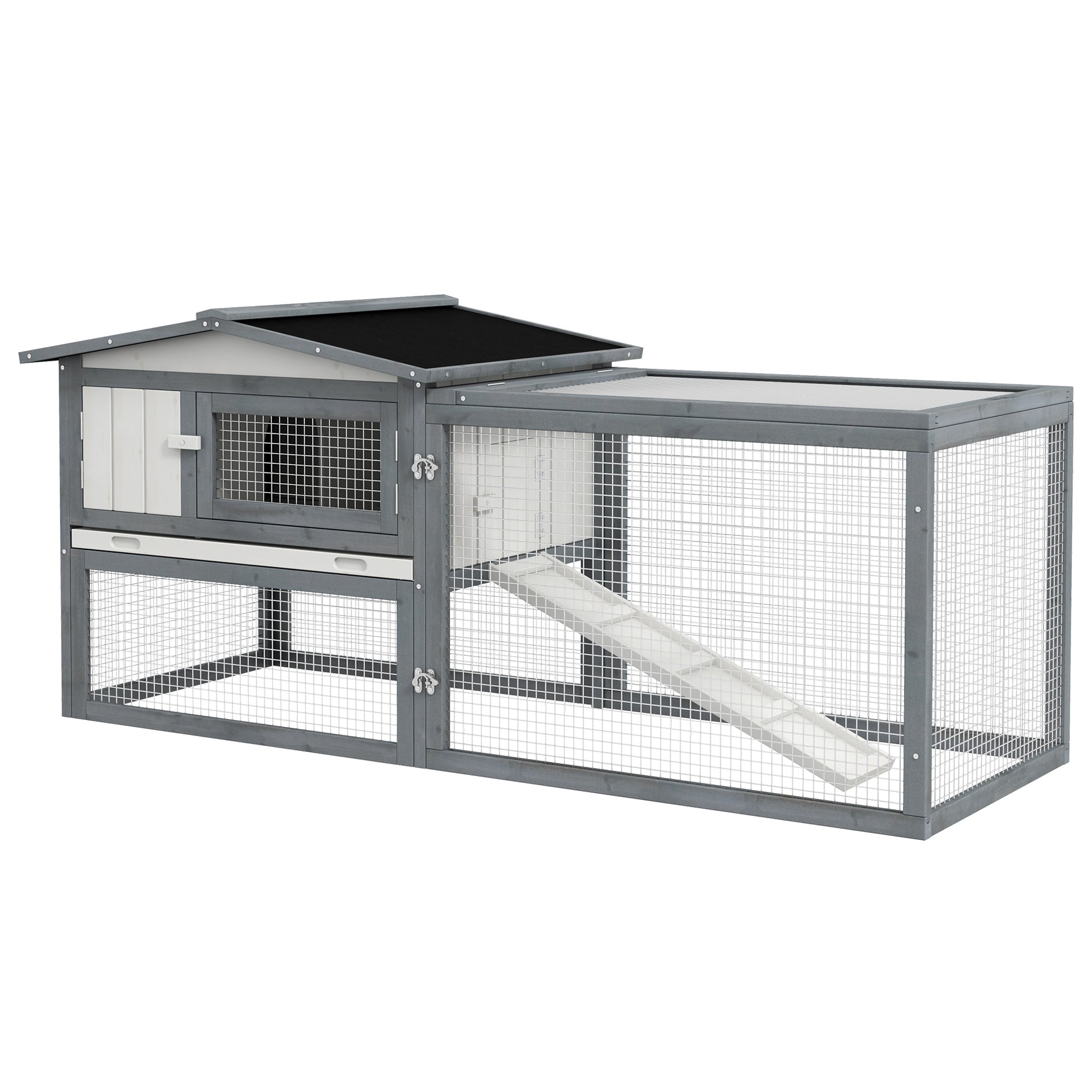 PawHut Large Rabbit Hutch Outdoor, 2-Tier 61' L Rabbit Cage with Run Feeding Trough Wooden Guinea Pig Hutch with Removable Tray, Ramp, Asphalt Roof, for 1-2 Rabbits, White