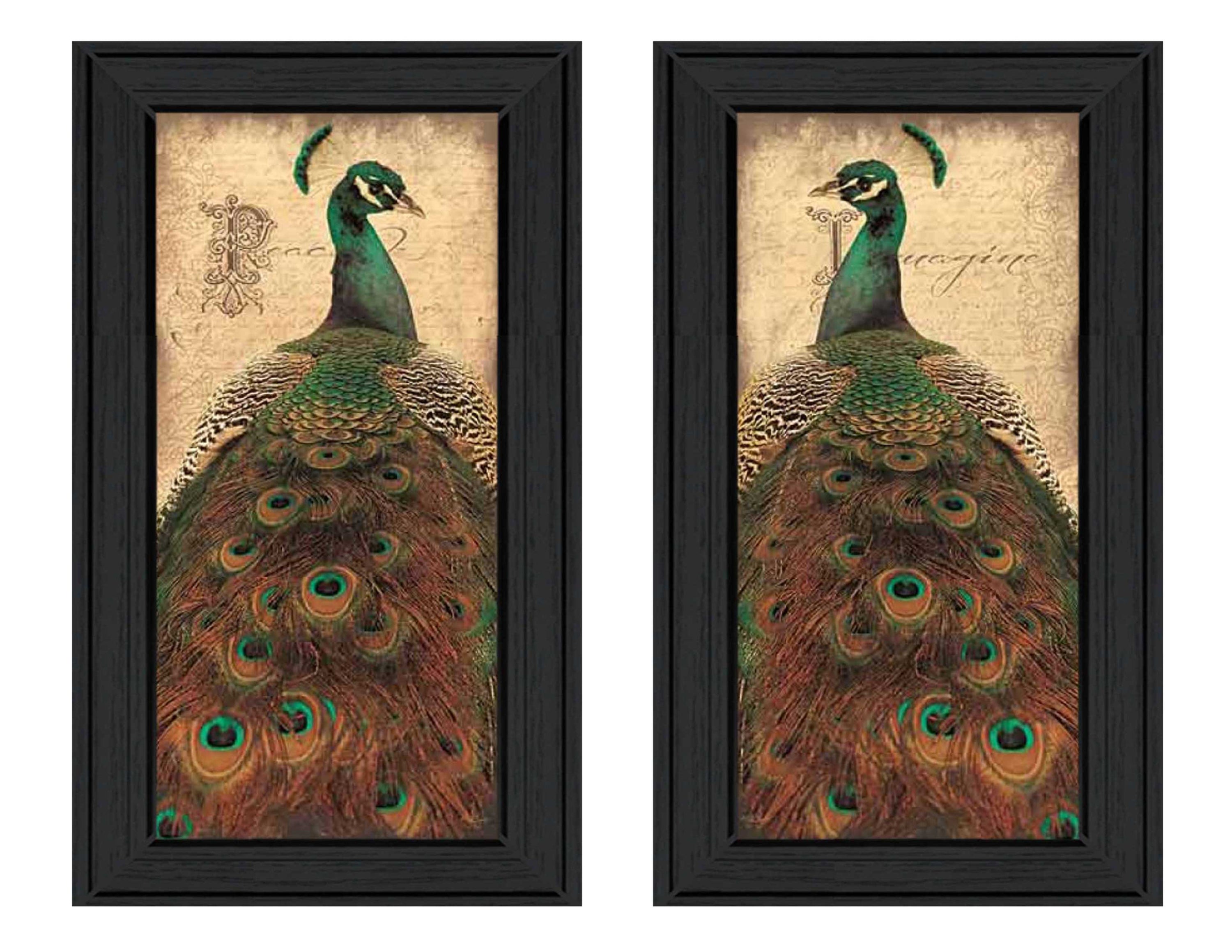 'Peacock Collection' 2-Piece Vignette By John Jones, Printed Wall Art, Ready To Hang Framed Poster, Black Frame